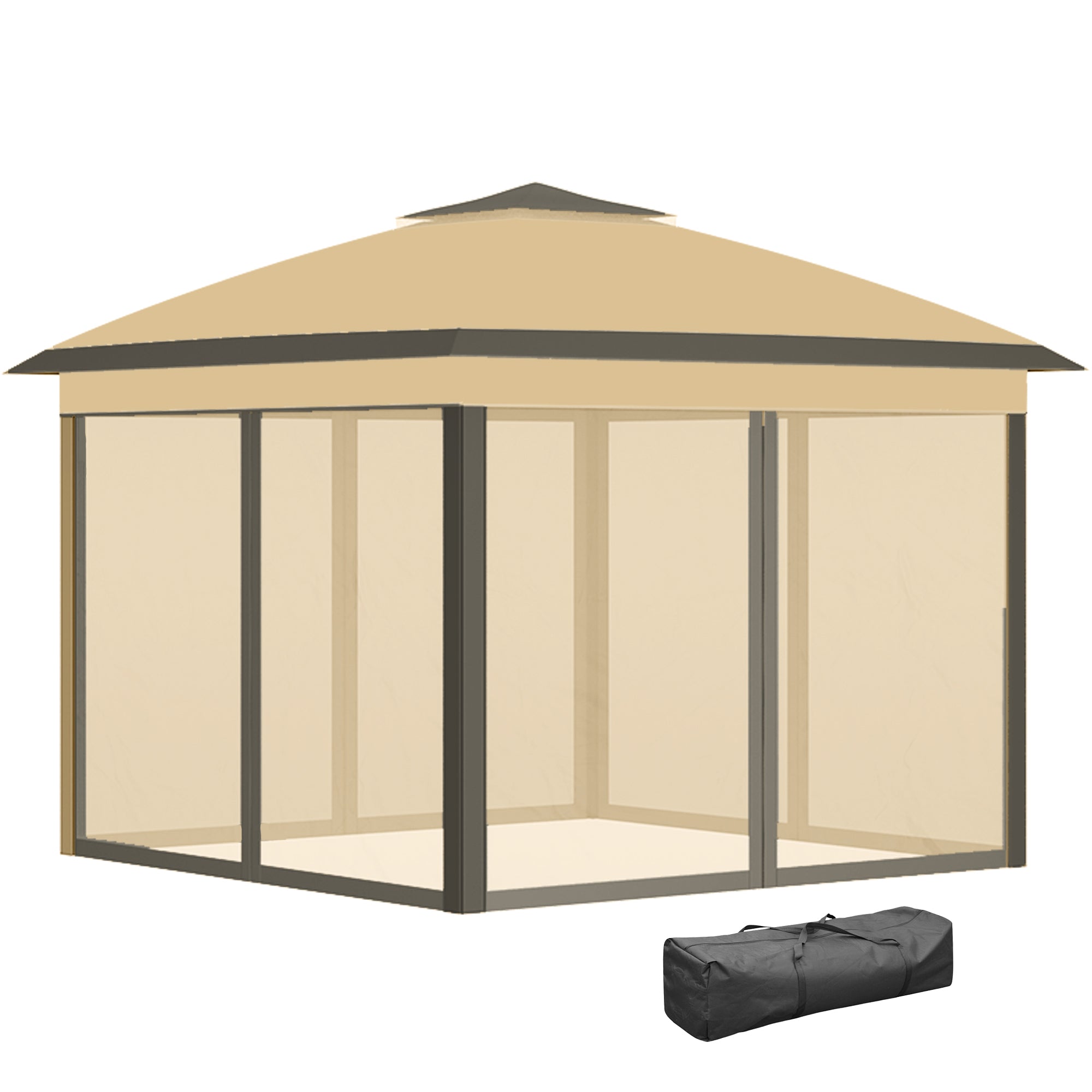 Outsunny 11' x 11' Pop Up Canopy, Double Roof Foldable Canopy Tent with Zipper Mesh Sidewalls, Height Adjustable and Carrying Bag, Event Tent for Patio Garden Backyard, Beige