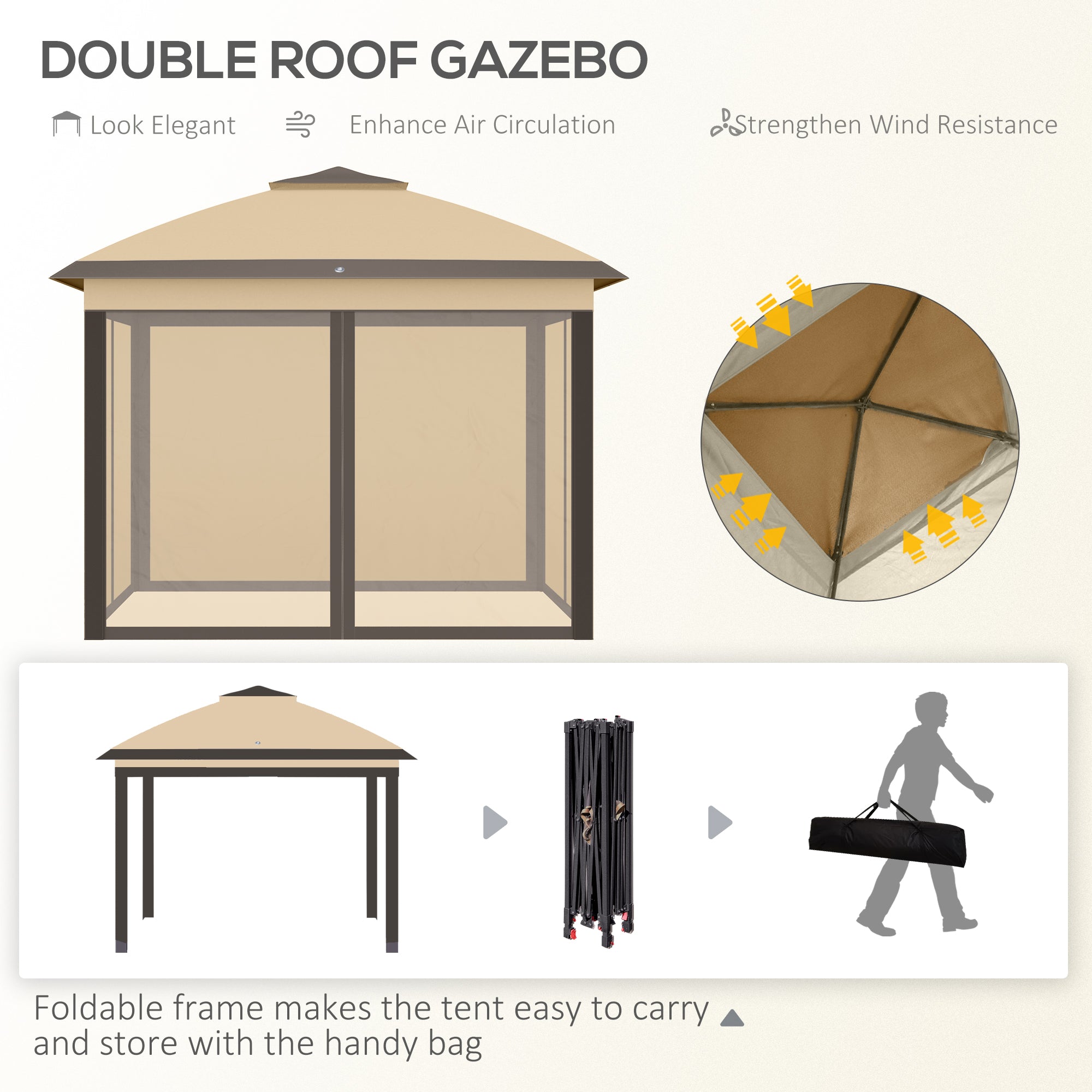 Outsunny 11' x 11' Pop Up Canopy, Double Roof Foldable Canopy Tent with Zipper Mesh Sidewalls, Height Adjustable and Carrying Bag, Event Tent for Patio Garden Backyard, Beige