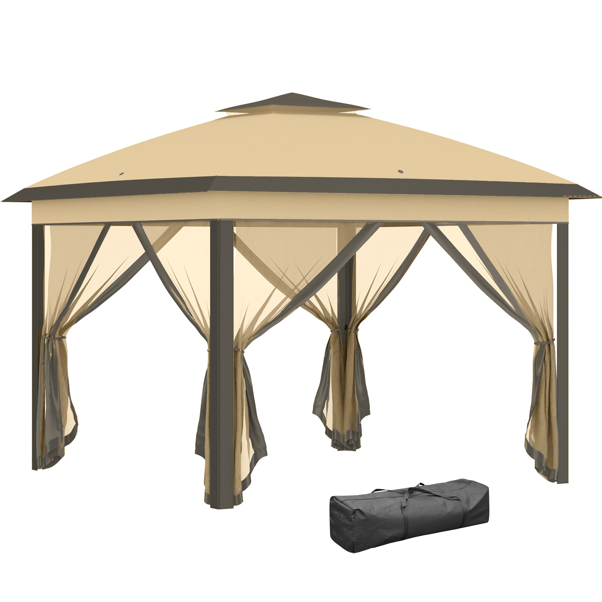 Outsunny 11' x 11' Pop Up Canopy, Double Roof Foldable Canopy Tent with Zipper Mesh Sidewalls, Height Adjustable and Carrying Bag, Event Tent for Patio Garden Backyard, Beige