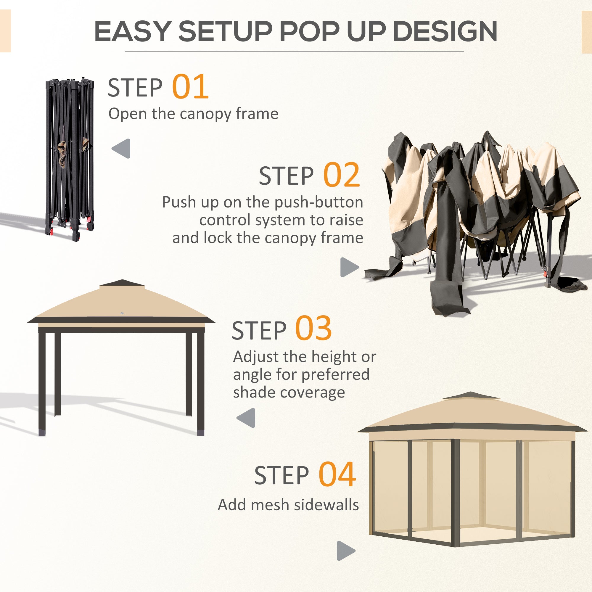 Outsunny 11' x 11' Pop Up Canopy, Double Roof Foldable Canopy Tent with Zipper Mesh Sidewalls, Height Adjustable and Carrying Bag, Event Tent for Patio Garden Backyard, Beige