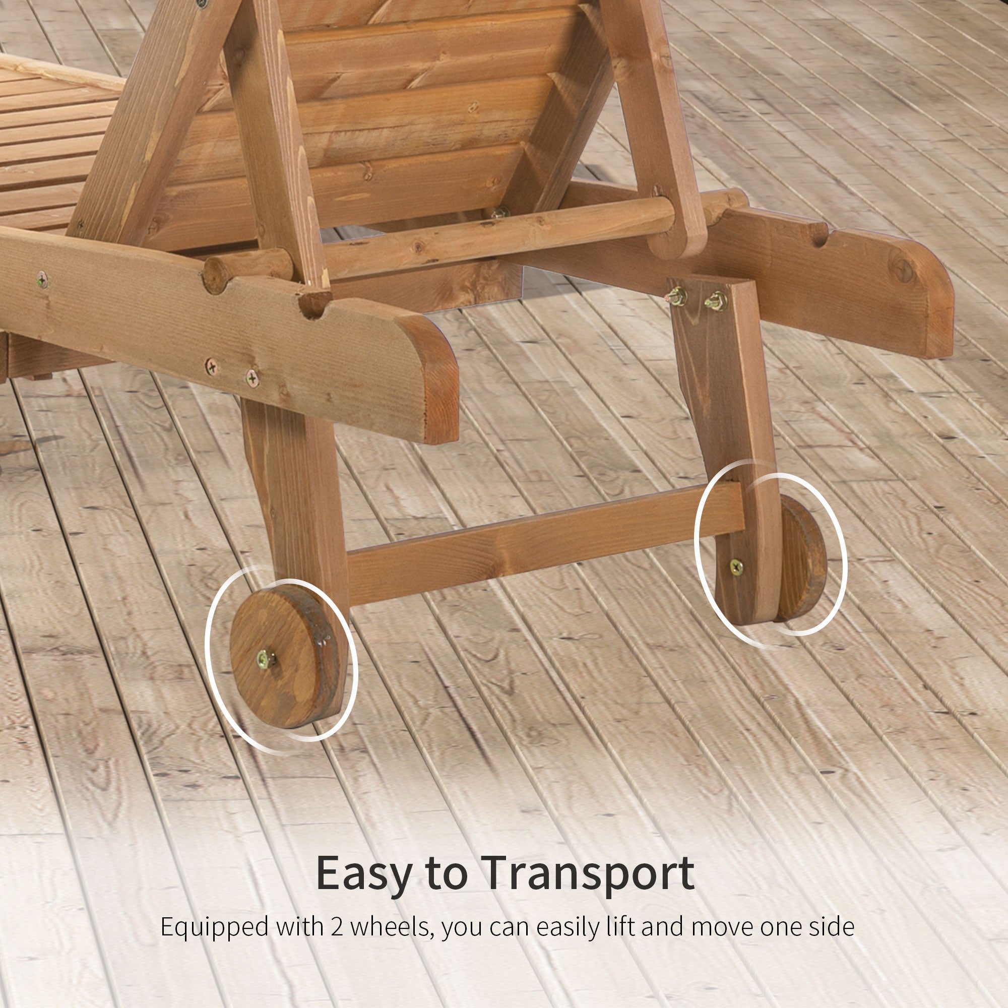 Outsunny Wooden Outdoor Lounge Chair, Adjustable Patio Outdoor Chaise Recliner Garden Furniture, Tanning Chair with Pull-out Tray and 2 Wheels, Brown