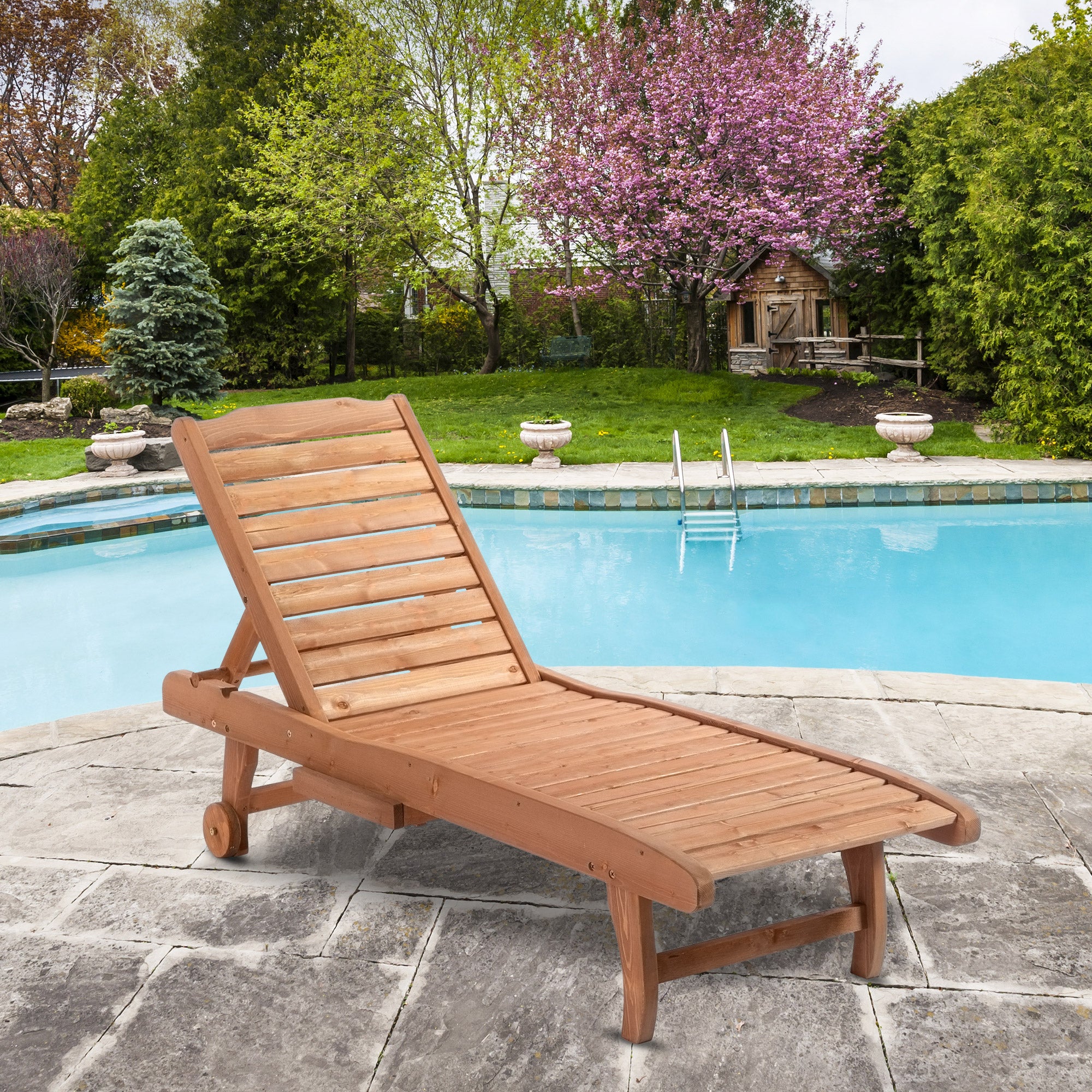 Outsunny Wooden Outdoor Lounge Chair, Adjustable Patio Outdoor Chaise Recliner Garden Furniture, Tanning Chair with Pull-out Tray and 2 Wheels, Brown