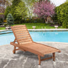 Outsunny Wooden Outdoor Lounge Chair, Adjustable Patio Outdoor Chaise Recliner Garden Furniture, Tanning Chair with Pull-out Tray and 2 Wheels, Brown