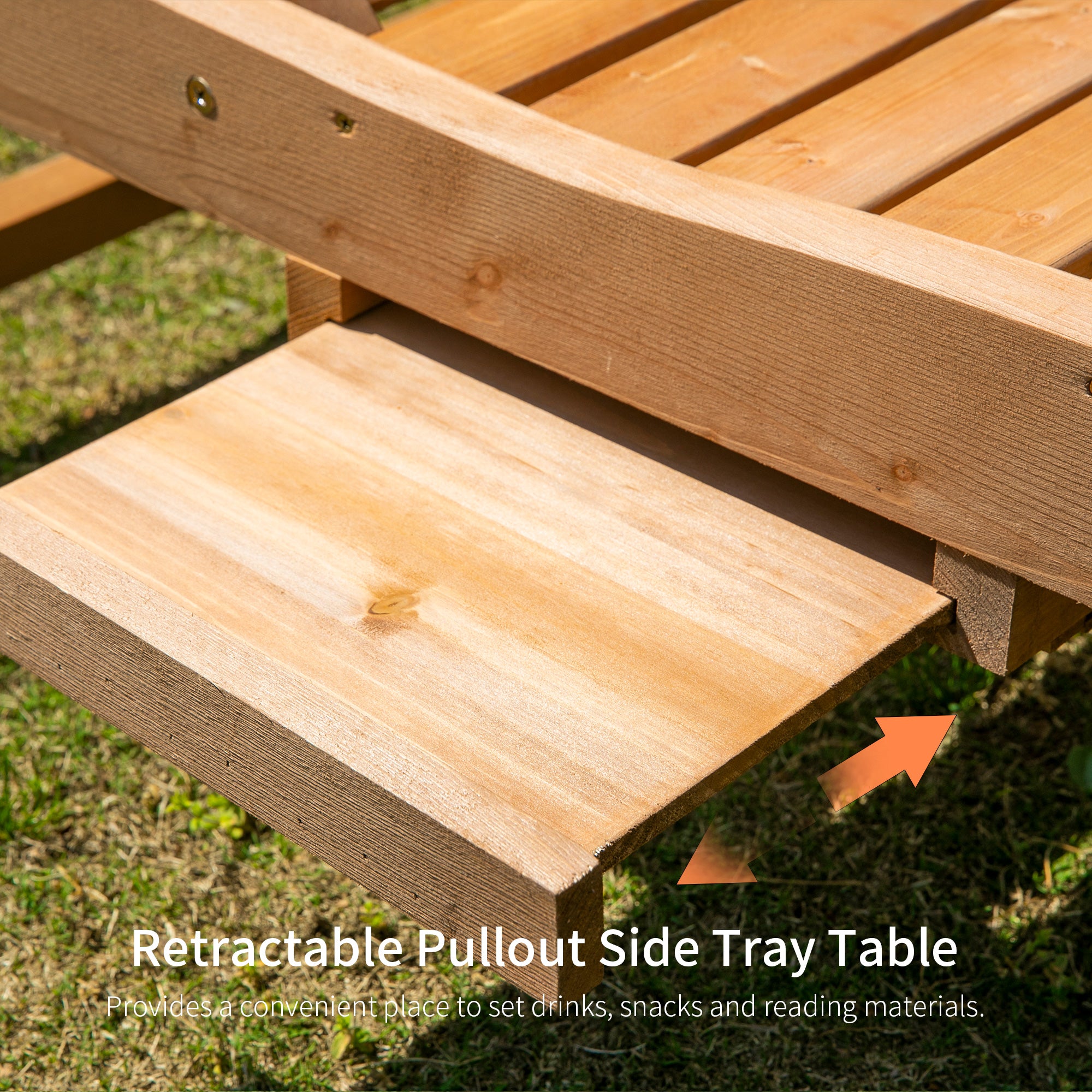 Outsunny Wooden Outdoor Lounge Chair, Adjustable Patio Outdoor Chaise Recliner Garden Furniture, Tanning Chair with Pull-out Tray and 2 Wheels, Brown