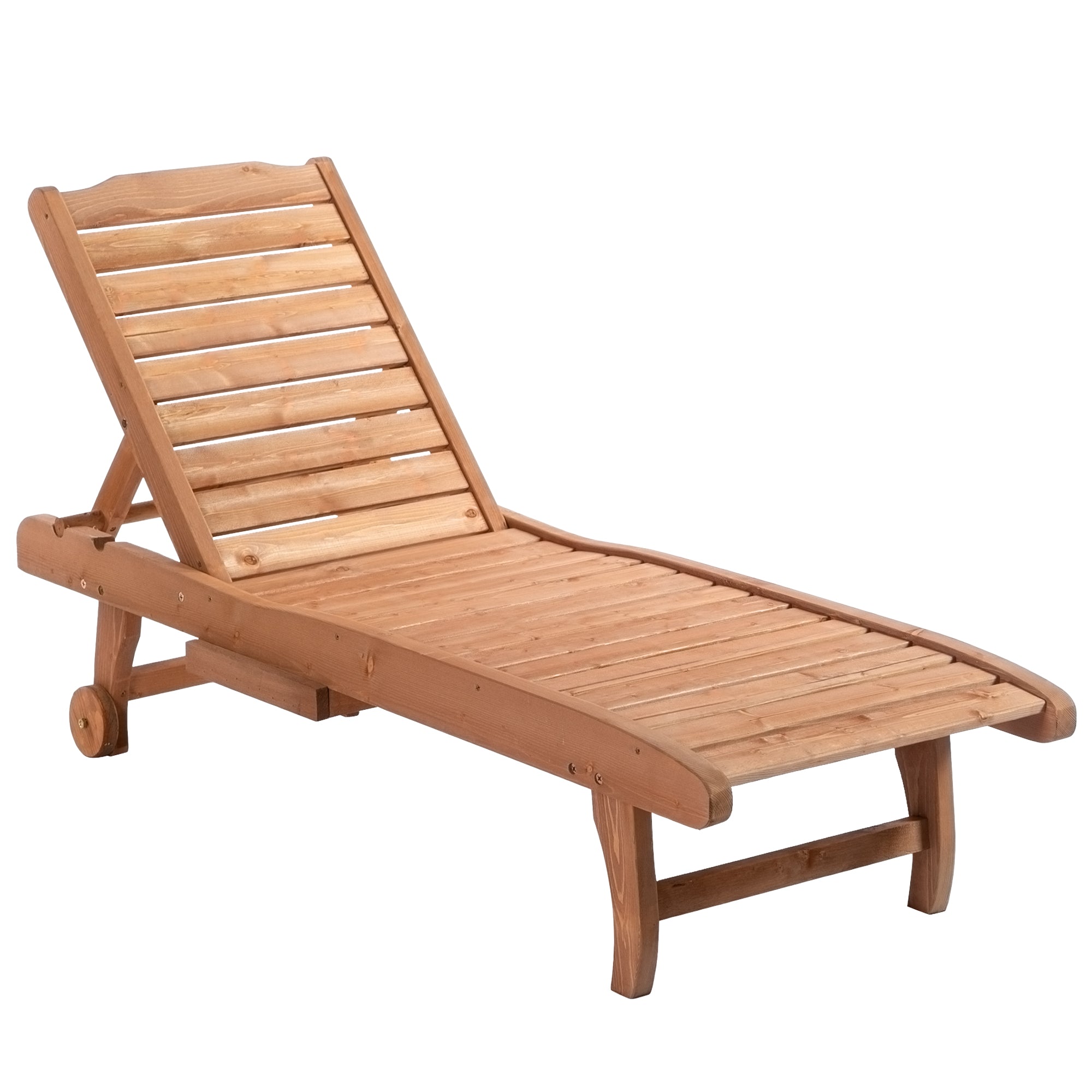 Outsunny Wooden Outdoor Lounge Chair, Adjustable Patio Outdoor Chaise Recliner Garden Furniture, Tanning Chair with Pull-out Tray and 2 Wheels, Brown