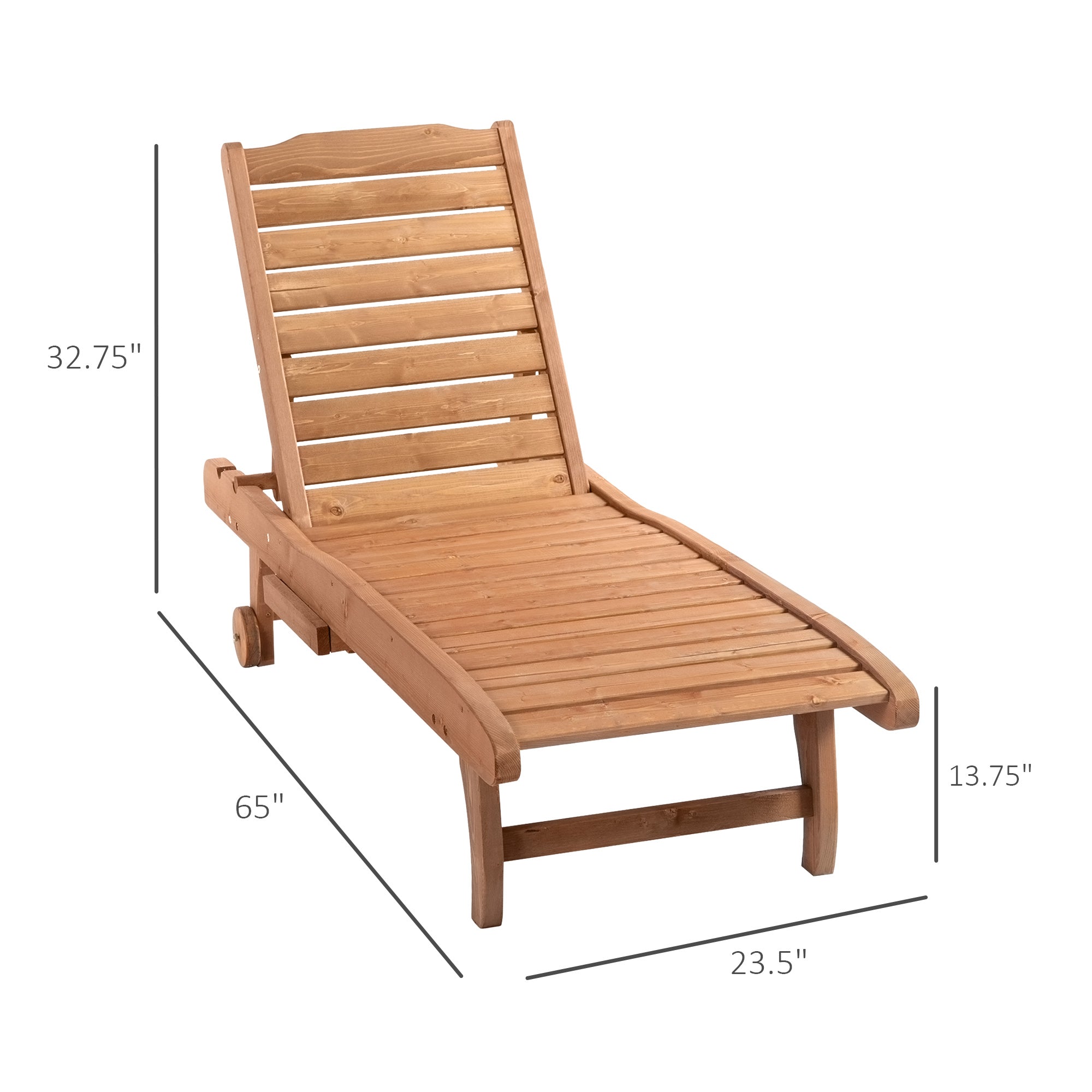 Outsunny Wooden Outdoor Lounge Chair, Adjustable Patio Outdoor Chaise Recliner Garden Furniture, Tanning Chair with Pull-out Tray and 2 Wheels, Brown