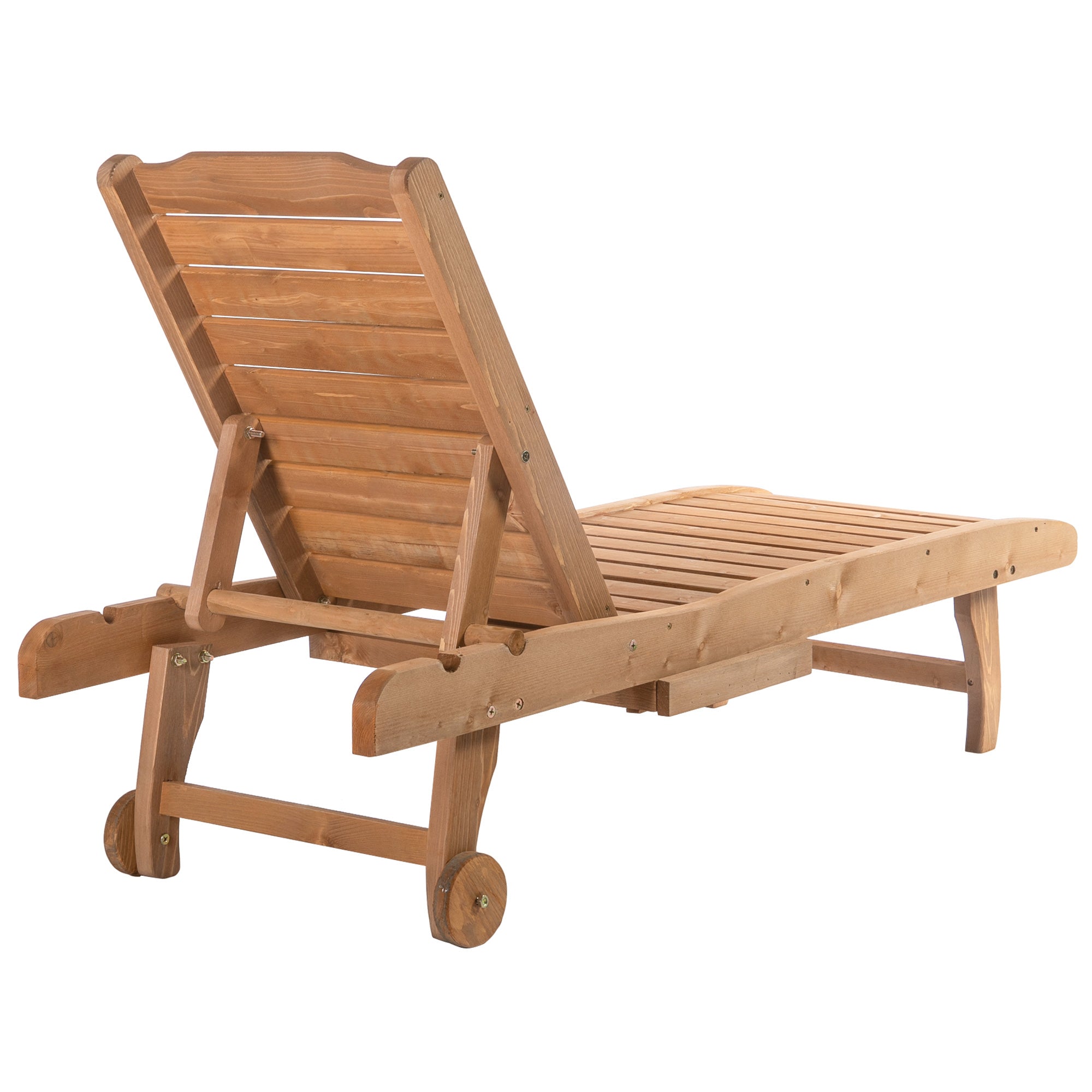 Outsunny Wooden Outdoor Lounge Chair, Adjustable Patio Outdoor Chaise Recliner Garden Furniture, Tanning Chair with Pull-out Tray and 2 Wheels, Brown