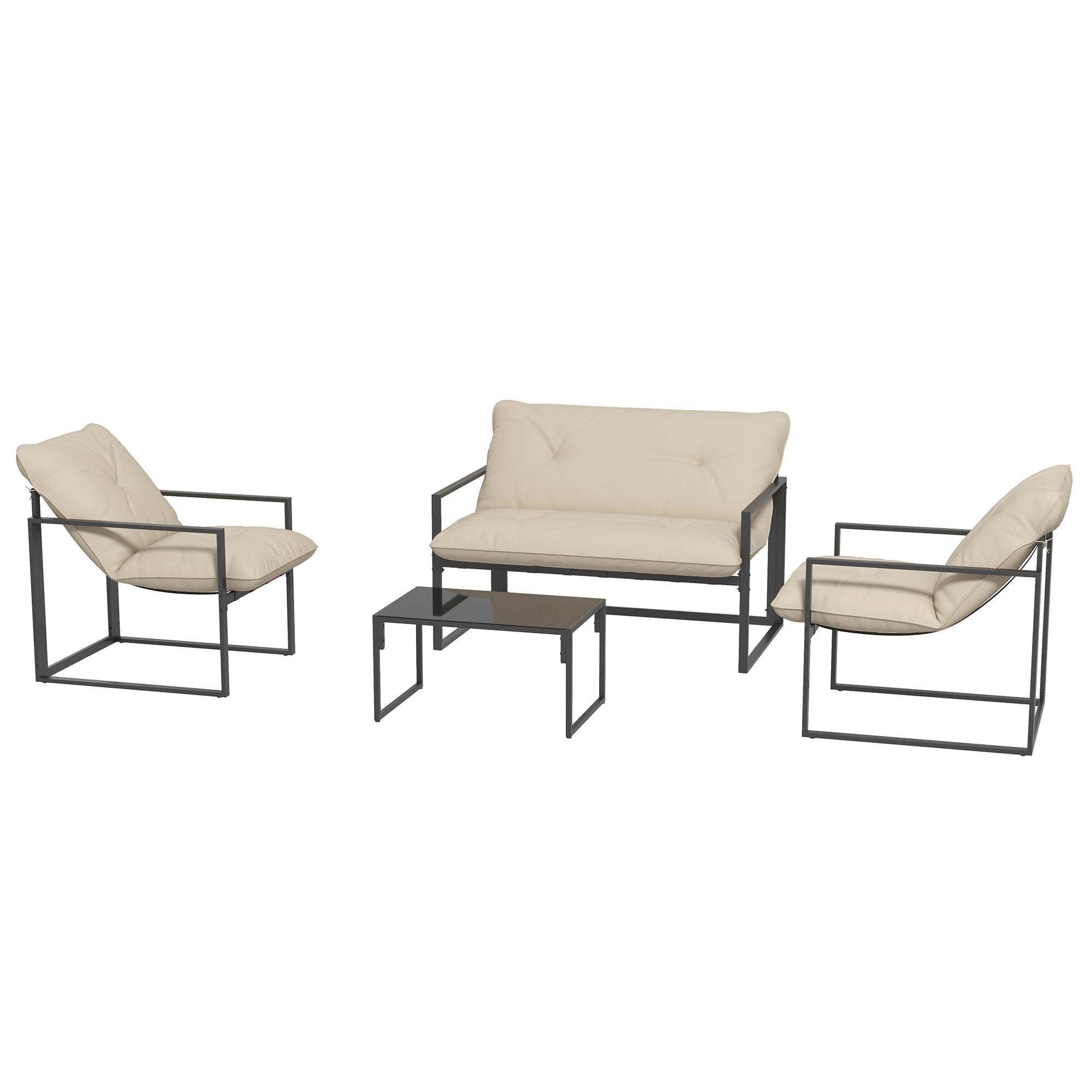 Outsunny 4 Piece Patio Furniture Set, Outdoor Conversation Set with Tempered Glass Table, Sofa, 2 Chairs and Cushions, Beige