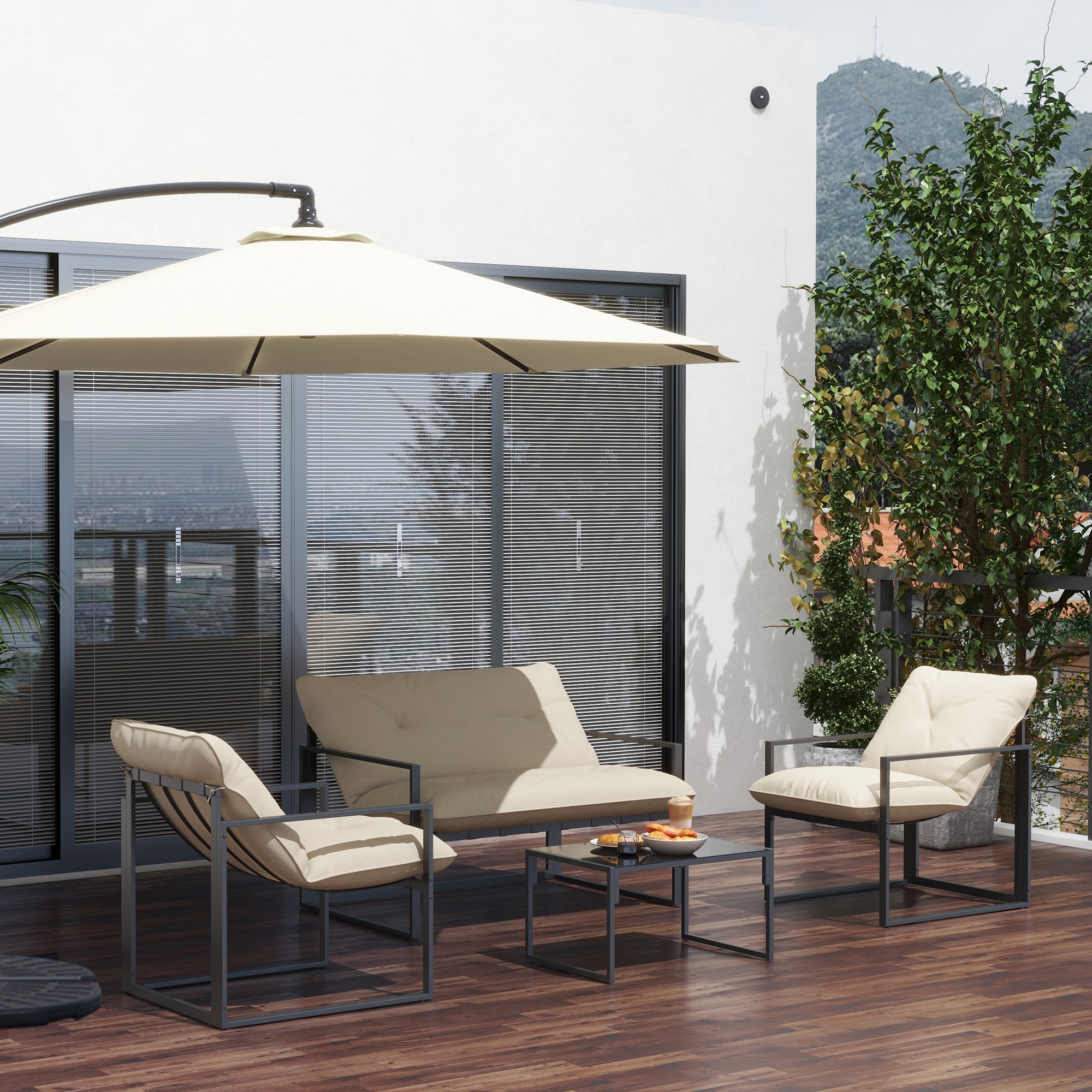 Outsunny 4 Piece Patio Furniture Set, Outdoor Conversation Set with Tempered Glass Table, Sofa, 2 Chairs and Cushions, Beige
