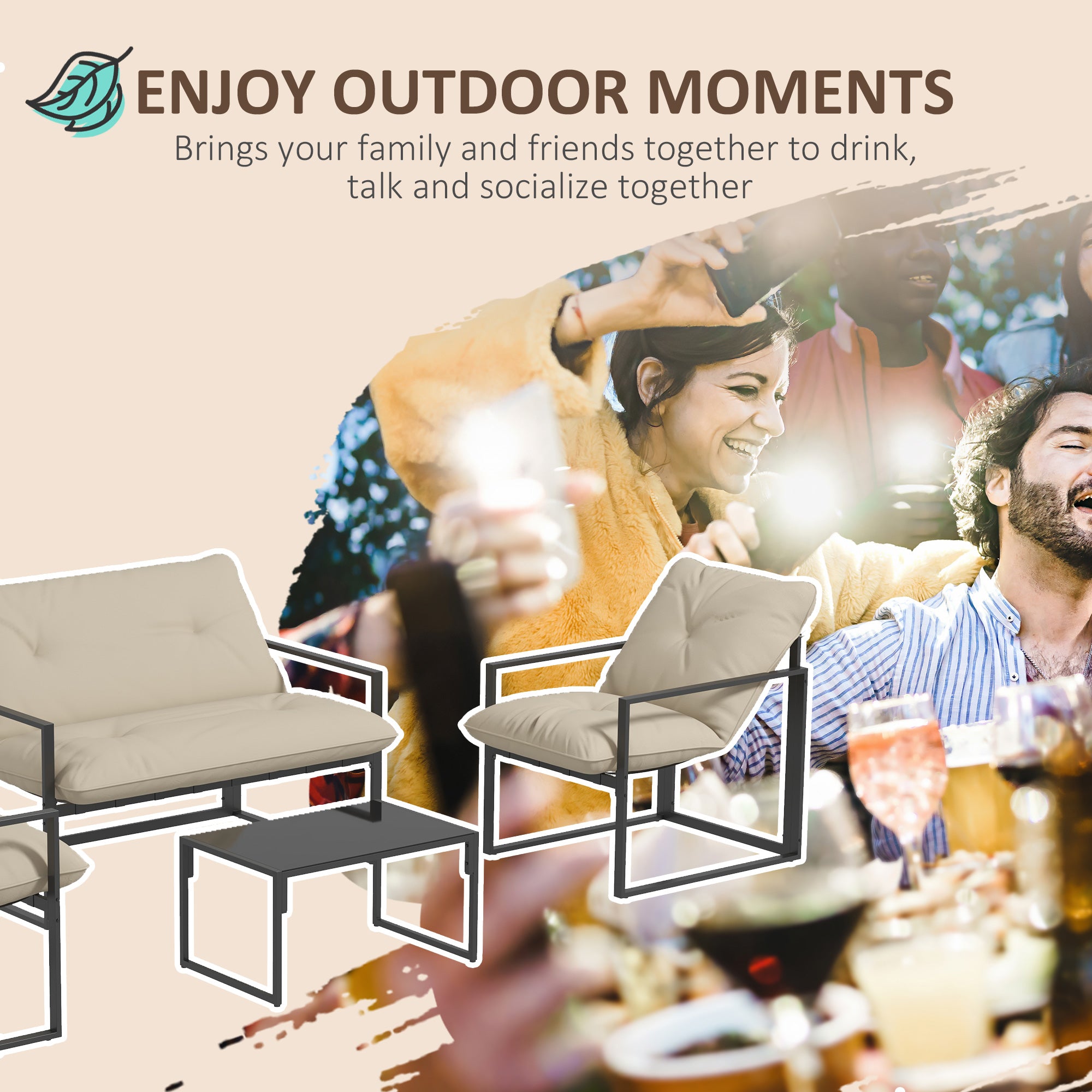 Outsunny 4 Piece Patio Furniture Set, Outdoor Conversation Set with Tempered Glass Table, Sofa, 2 Chairs and Cushions, Beige