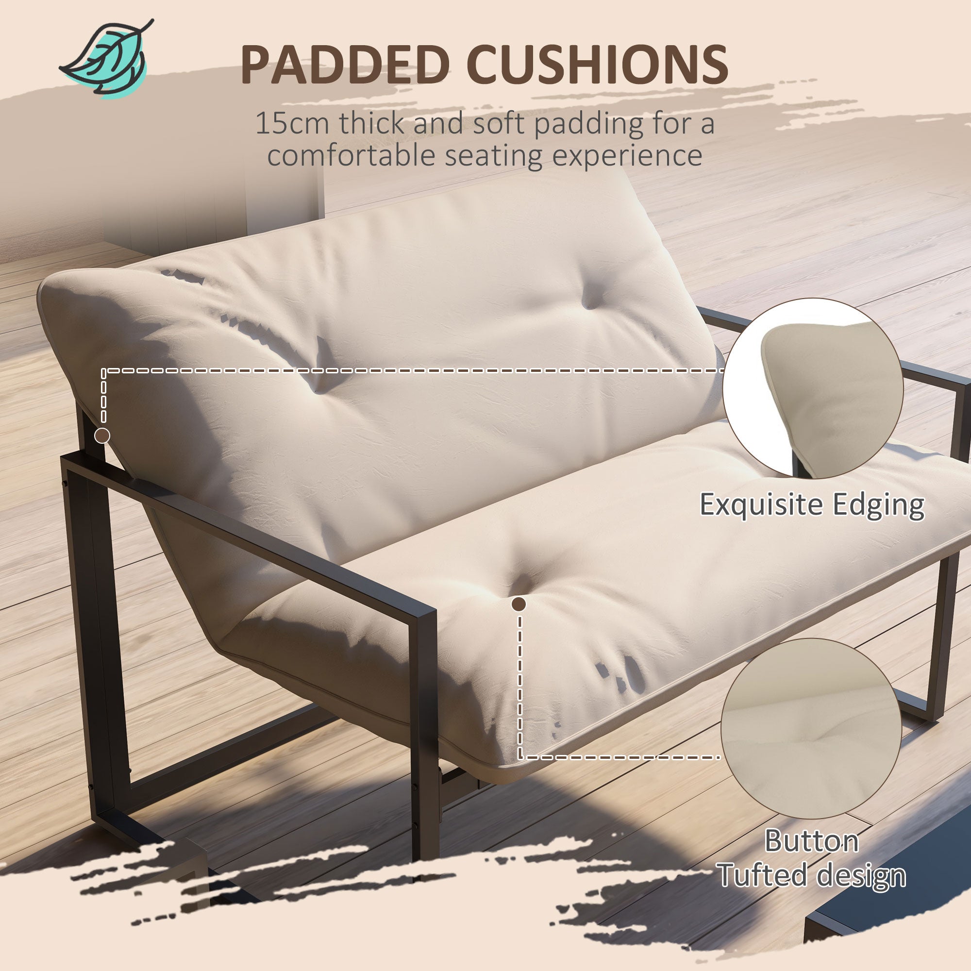 Outsunny 4 Piece Patio Furniture Set, Outdoor Conversation Set with Tempered Glass Table, Sofa, 2 Chairs and Cushions, Beige