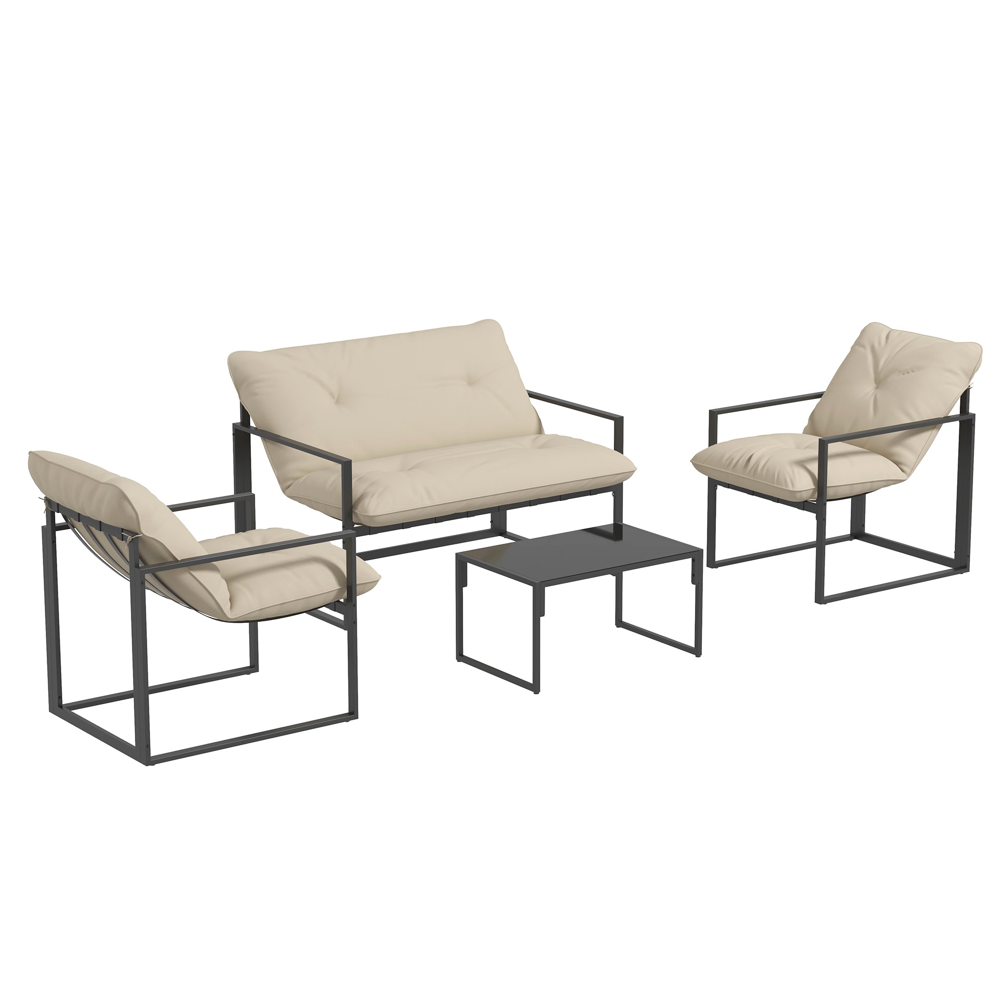 Outsunny 4 Piece Patio Furniture Set, Outdoor Conversation Set with Tempered Glass Table, Sofa, 2 Chairs and Cushions, Beige