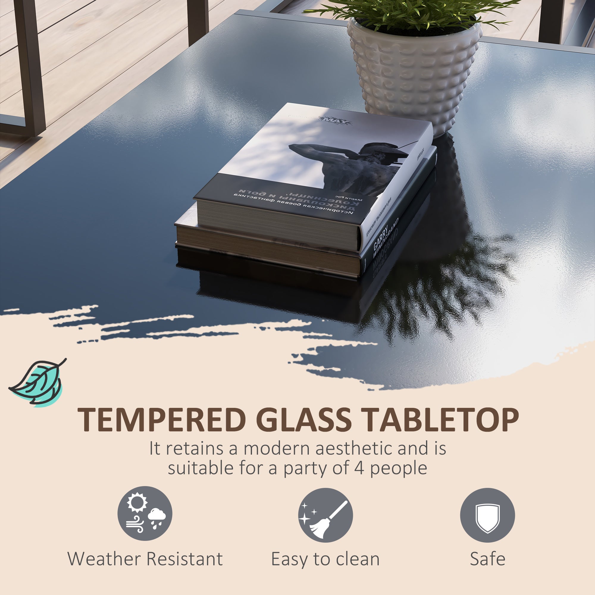 Outsunny 4 Piece Patio Furniture Set, Outdoor Conversation Set with Tempered Glass Table, Sofa, 2 Chairs and Cushions, Beige