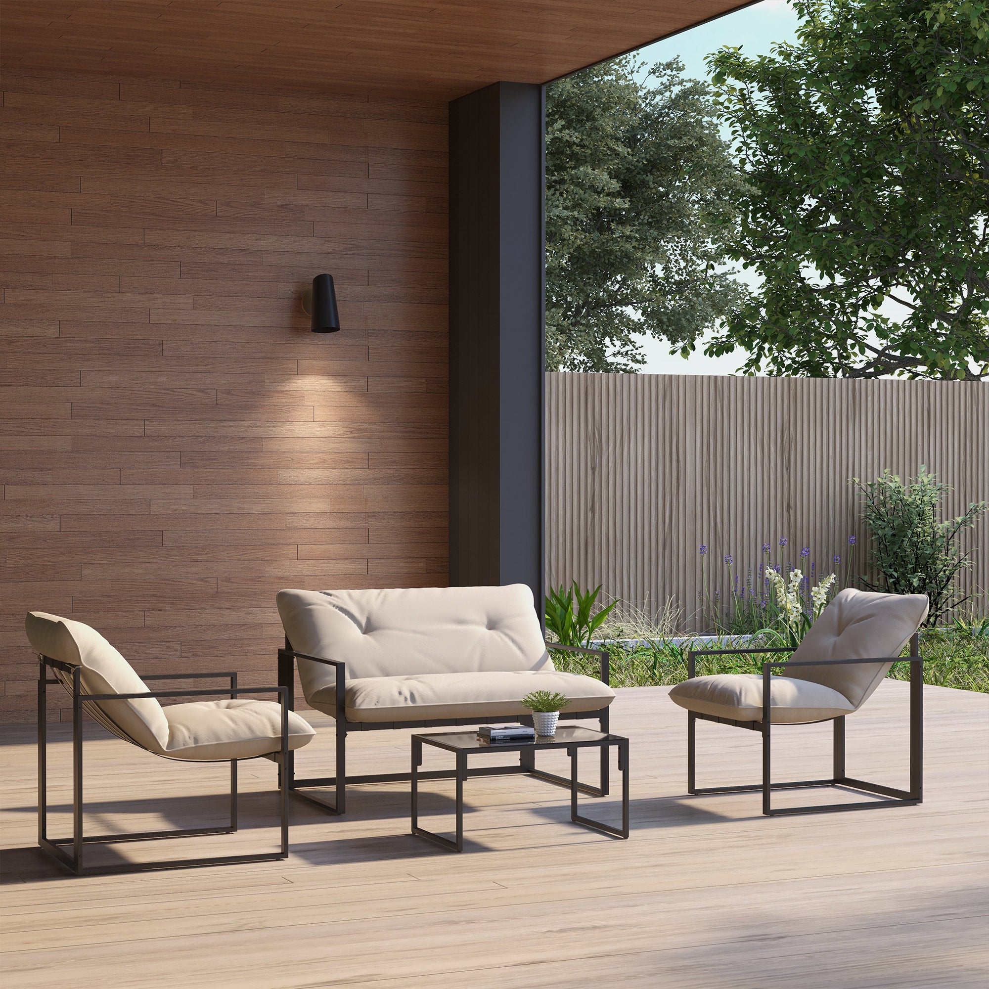 Outsunny 4 Piece Patio Furniture Set, Outdoor Conversation Set with Tempered Glass Table, Sofa, 2 Chairs and Cushions, Beige