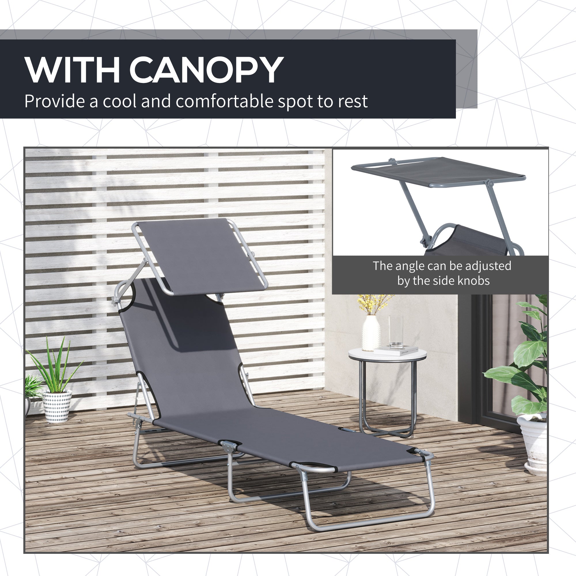 Outsunny Outdoor Lounge Chair, Adjustable Folding Chaise Lounge, Tanning Chair with Sun Shade for Beach, Camping, Hiking, Backyard, Grey
