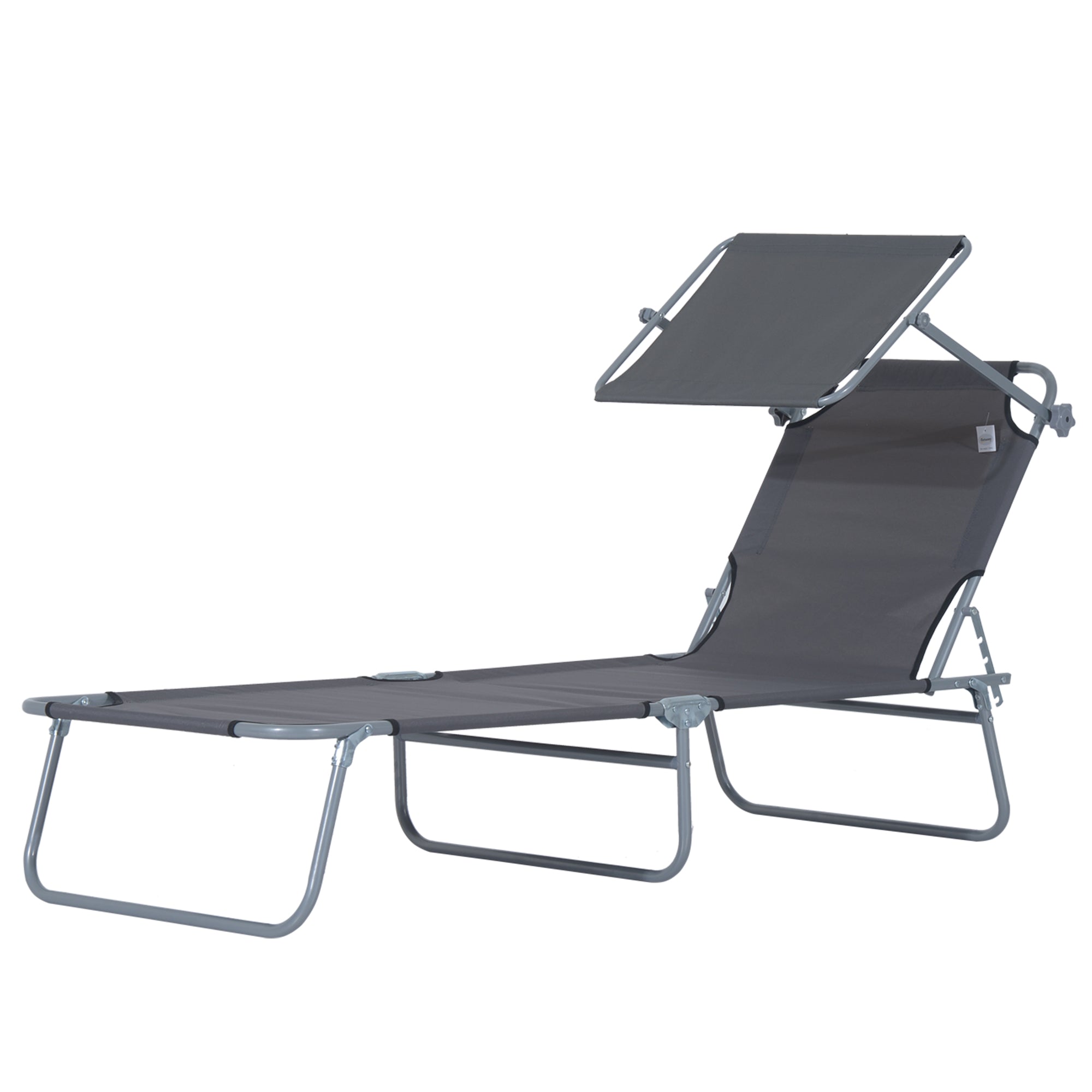 Outsunny Outdoor Lounge Chair, Adjustable Folding Chaise Lounge, Tanning Chair with Sun Shade for Beach, Camping, Hiking, Backyard, Grey
