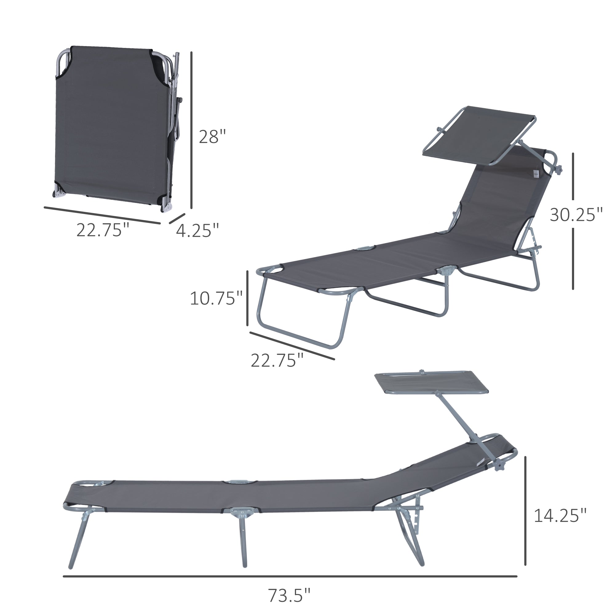 Outsunny Outdoor Lounge Chair, Adjustable Folding Chaise Lounge, Tanning Chair with Sun Shade for Beach, Camping, Hiking, Backyard, Grey
