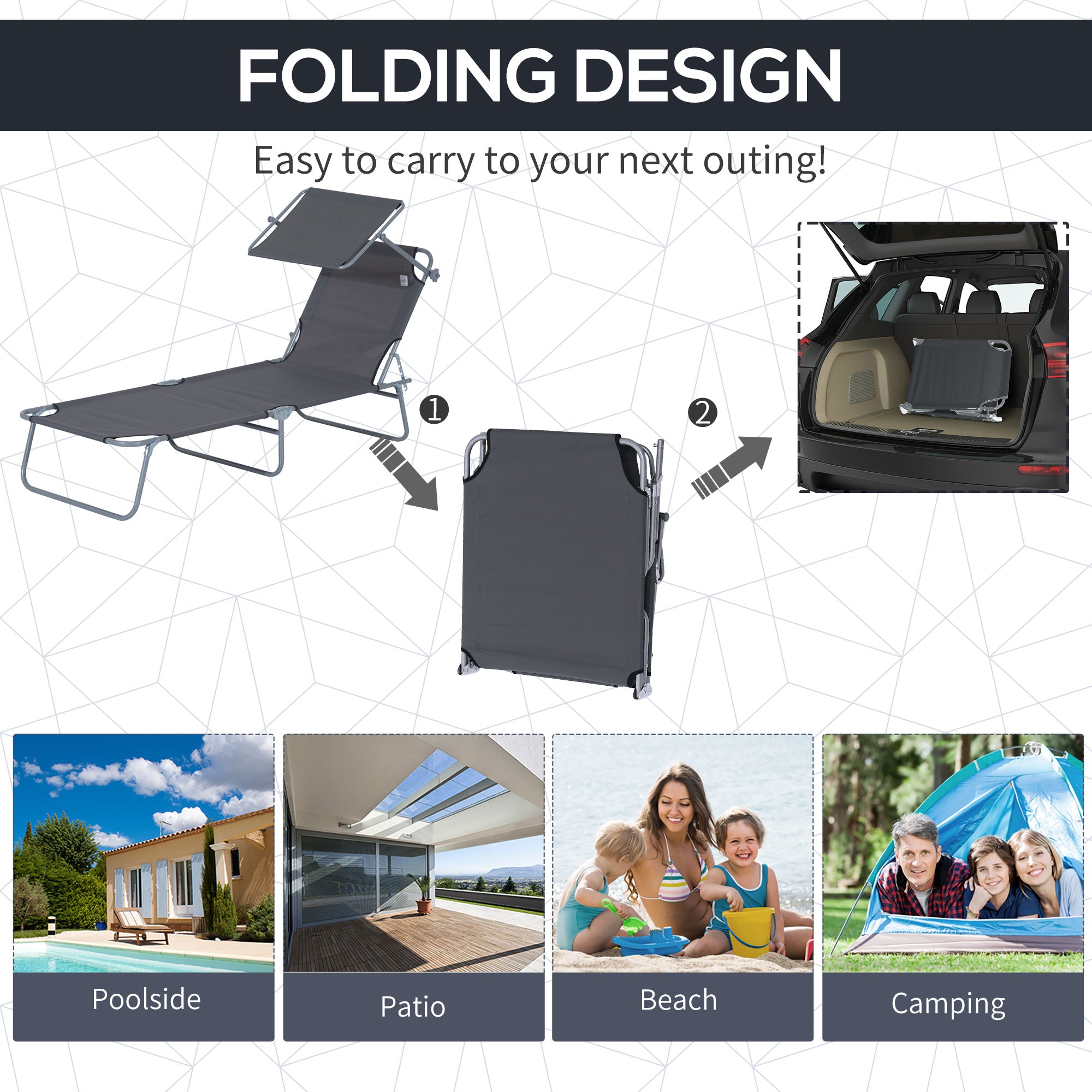 Outsunny Outdoor Lounge Chair, Adjustable Folding Chaise Lounge, Tanning Chair with Sun Shade for Beach, Camping, Hiking, Backyard, Grey