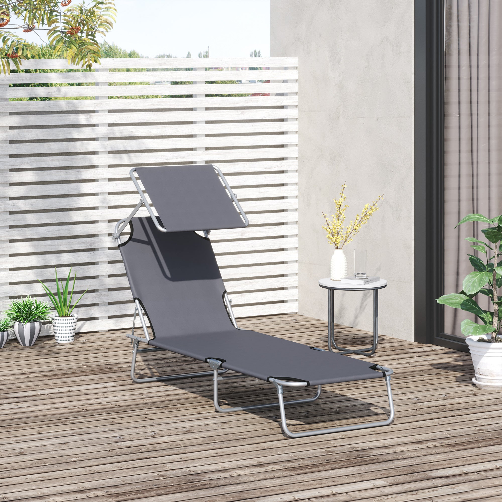 Outsunny Outdoor Lounge Chair, Adjustable Folding Chaise Lounge, Tanning Chair with Sun Shade for Beach, Camping, Hiking, Backyard, Grey