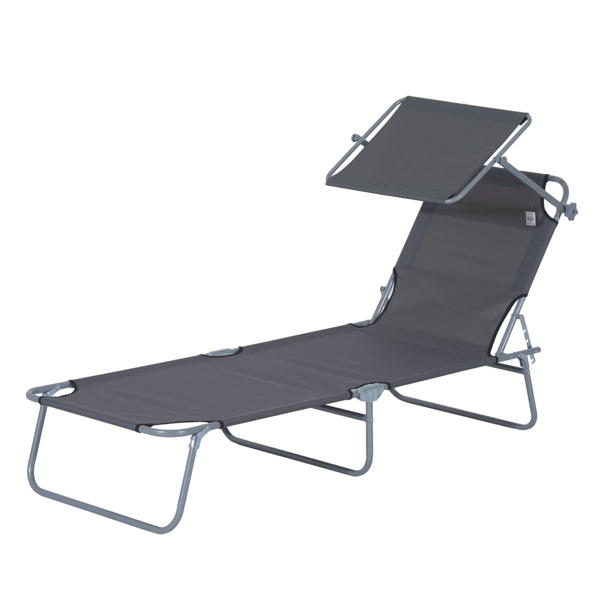 Outsunny Outdoor Lounge Chair, Adjustable Folding Chaise Lounge, Tanning Chair with Sun Shade for Beach, Camping, Hiking, Backyard, Grey