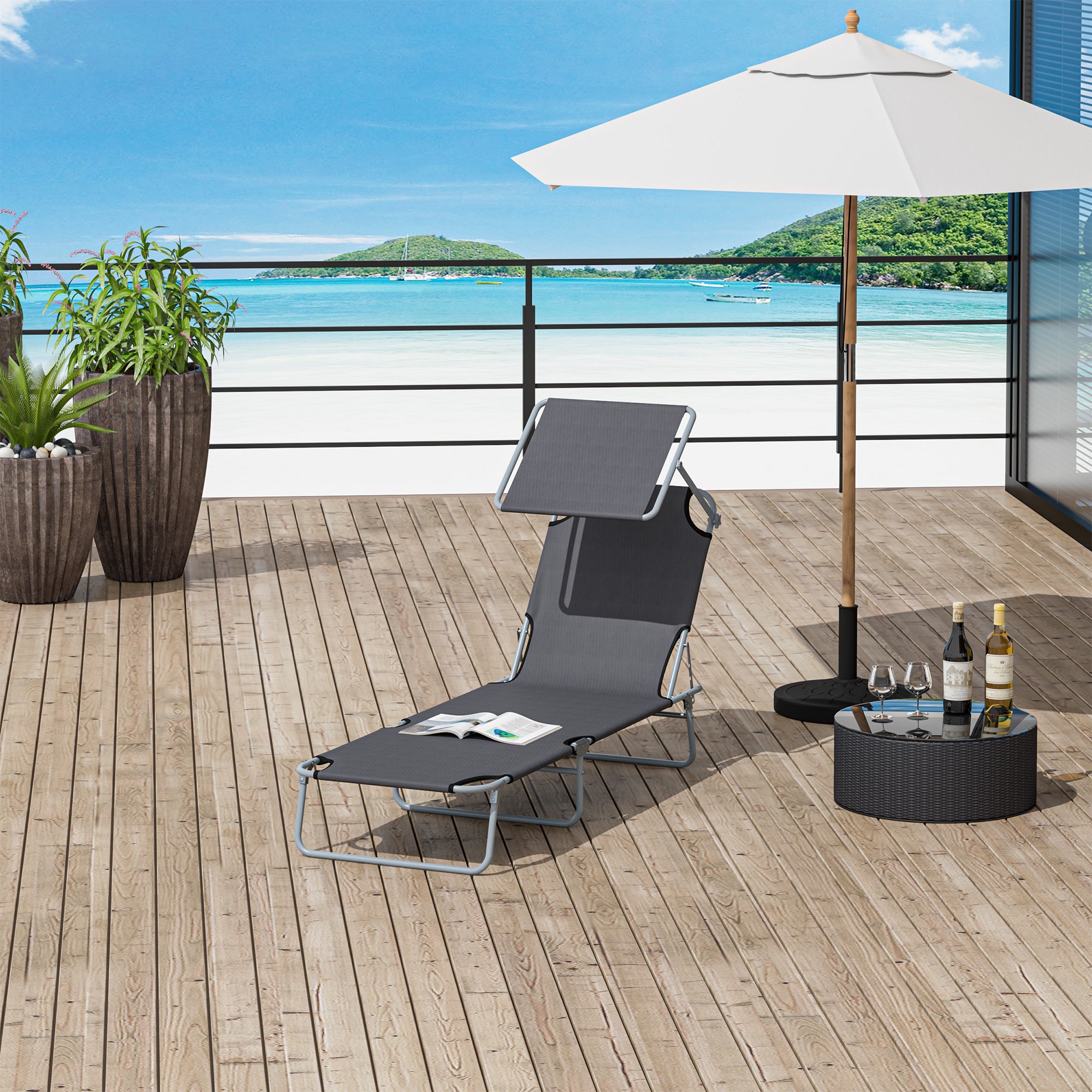 Outsunny Outdoor Lounge Chair, Adjustable Folding Chaise Lounge, Tanning Chair with Sun Shade for Beach, Camping, Hiking, Backyard, Grey