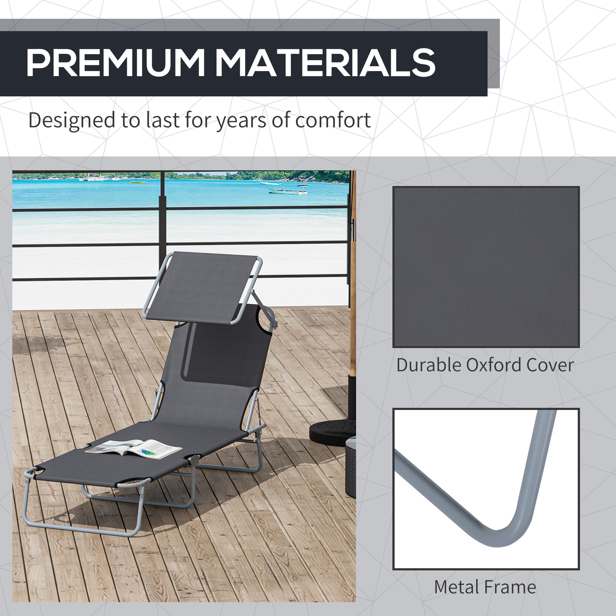Outsunny Outdoor Lounge Chair, Adjustable Folding Chaise Lounge, Tanning Chair with Sun Shade for Beach, Camping, Hiking, Backyard, Grey