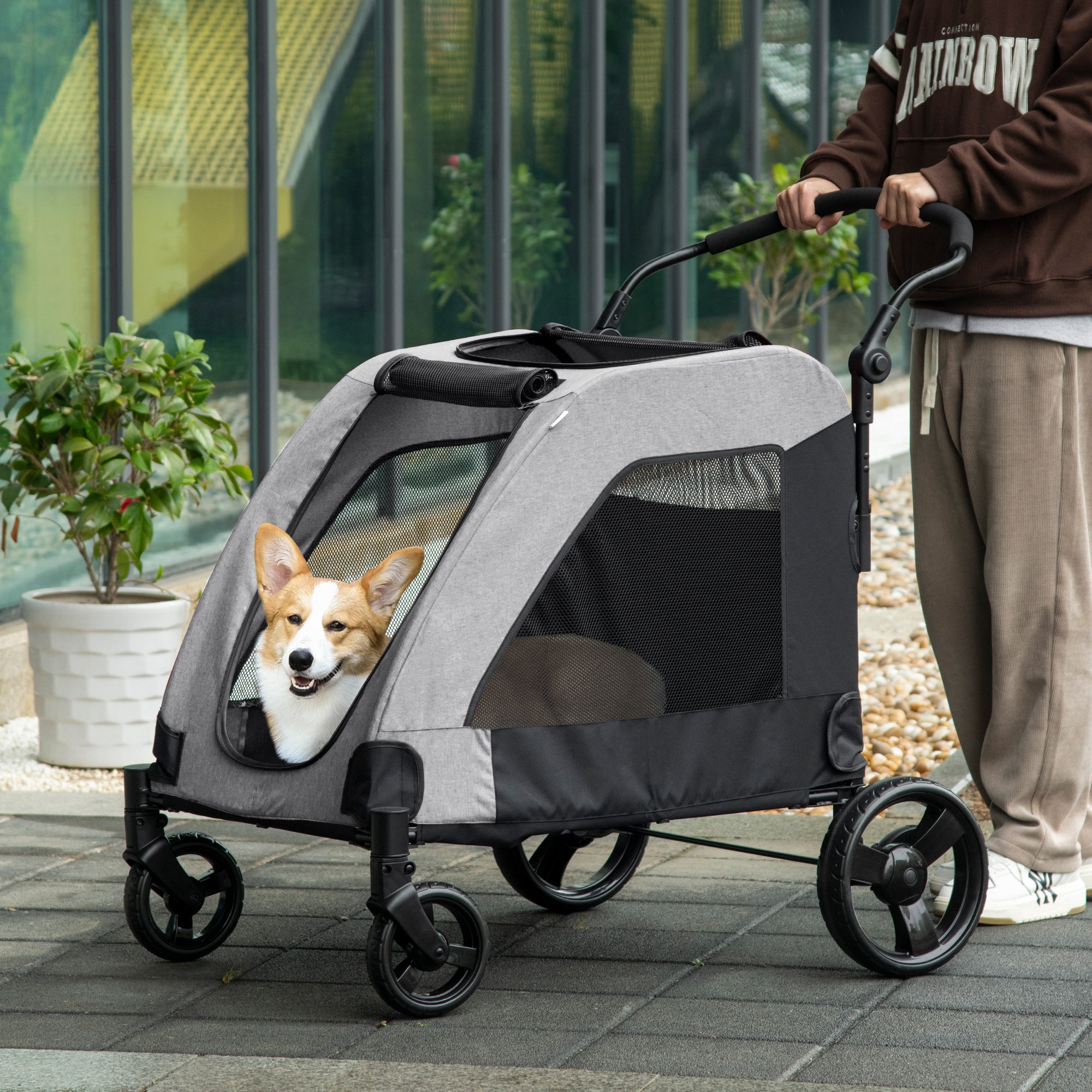 PawHut Dog Stroller for Medium and Large Dogs, 4 Wheels Folding Pet Cat Stroller With Universal Wheels, Storage Basket, safety leash, Gray