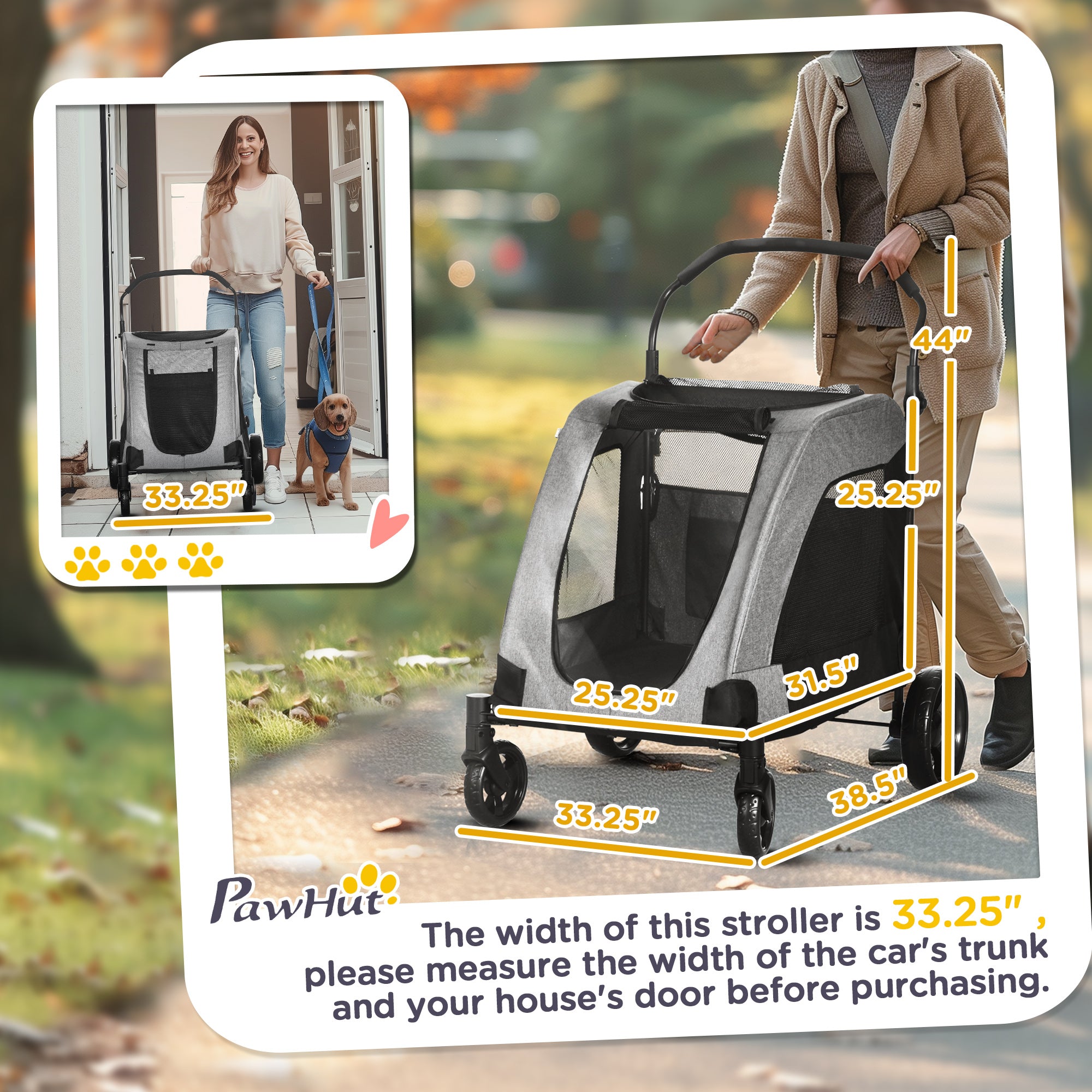 PawHut Dog Stroller for Medium and Large Dogs, 4 Wheels Folding Pet Cat Stroller With Universal Wheels, Storage Basket, safety leash, Gray