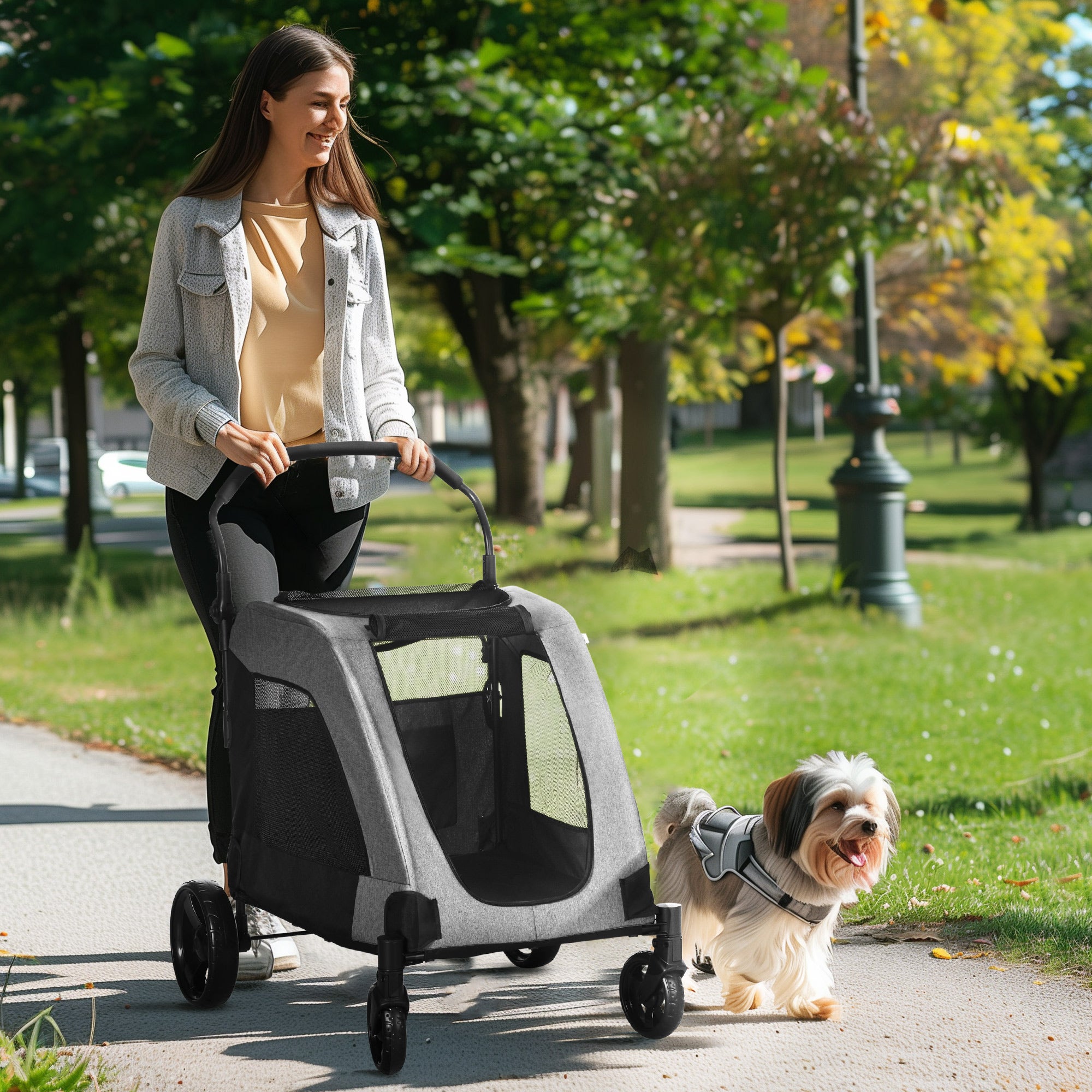 PawHut Dog Stroller for Medium and Large Dogs, 4 Wheels Folding Pet Cat Stroller With Universal Wheels, Storage Basket, safety leash, Gray