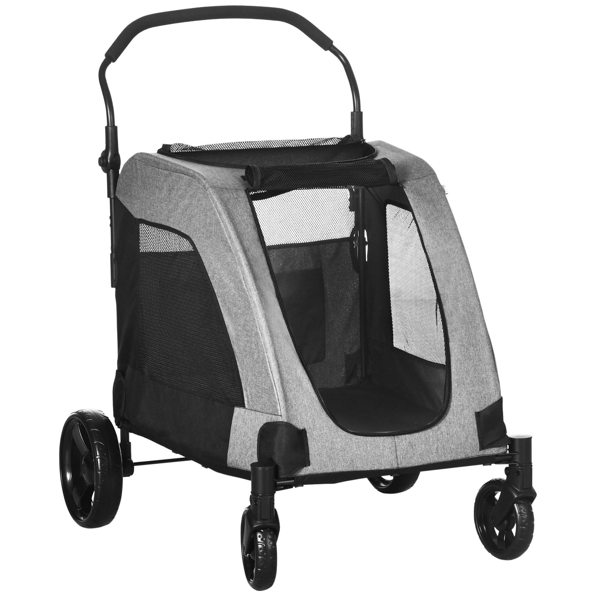 PawHut Dog Stroller for Medium and Large Dogs, 4 Wheels Folding Pet Cat Stroller With Universal Wheels, Storage Basket, safety leash, Gray