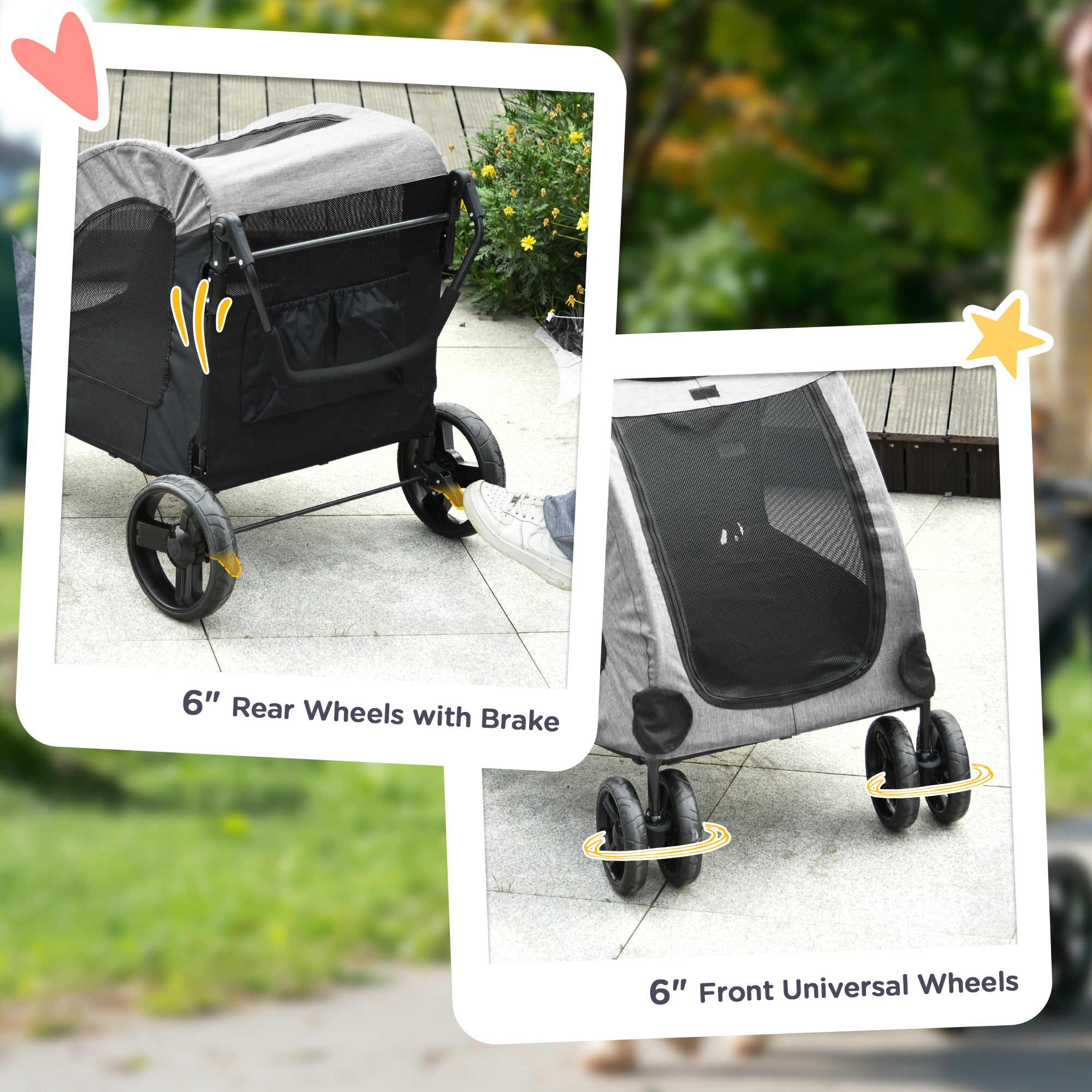 PawHut Dog Stroller for Medium and Large Dogs, 4 Wheels Folding Pet Cat Stroller With Universal Wheels, Storage Basket, safety leash, Gray