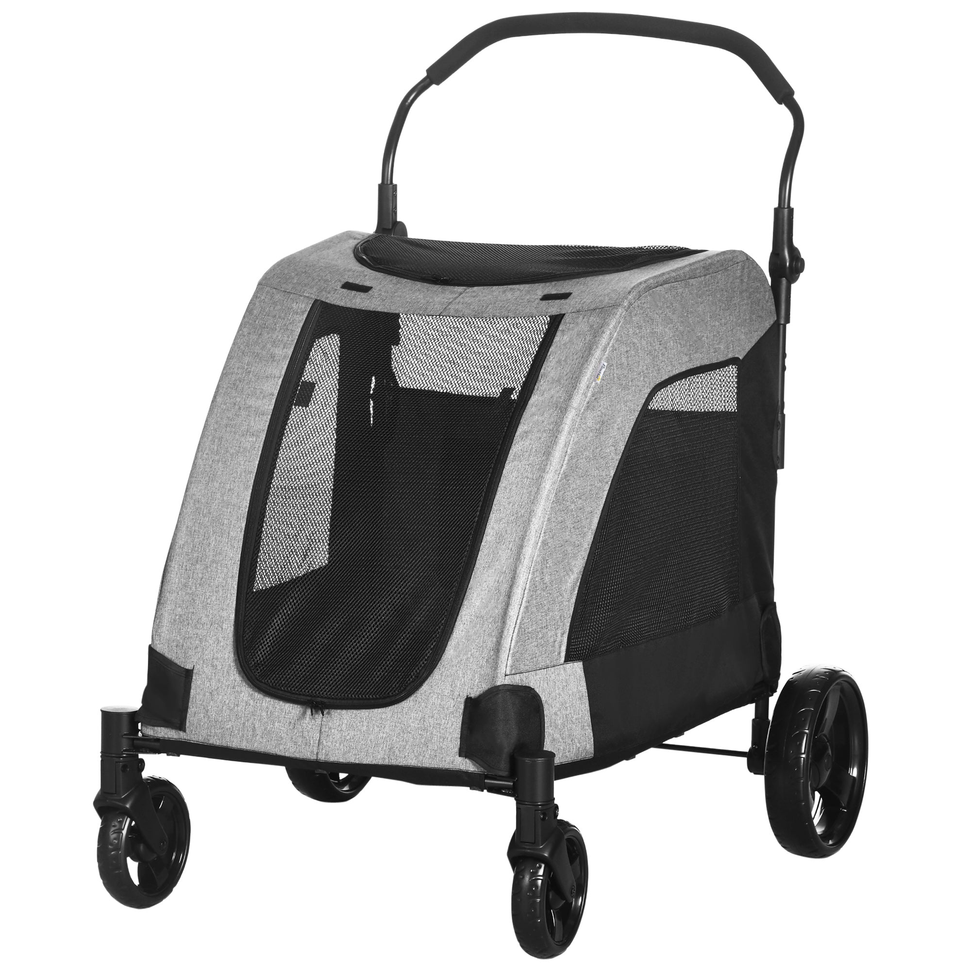 PawHut Dog Stroller for Medium and Large Dogs, 4 Wheels Folding Pet Cat Stroller With Universal Wheels, Storage Basket, safety leash, Gray