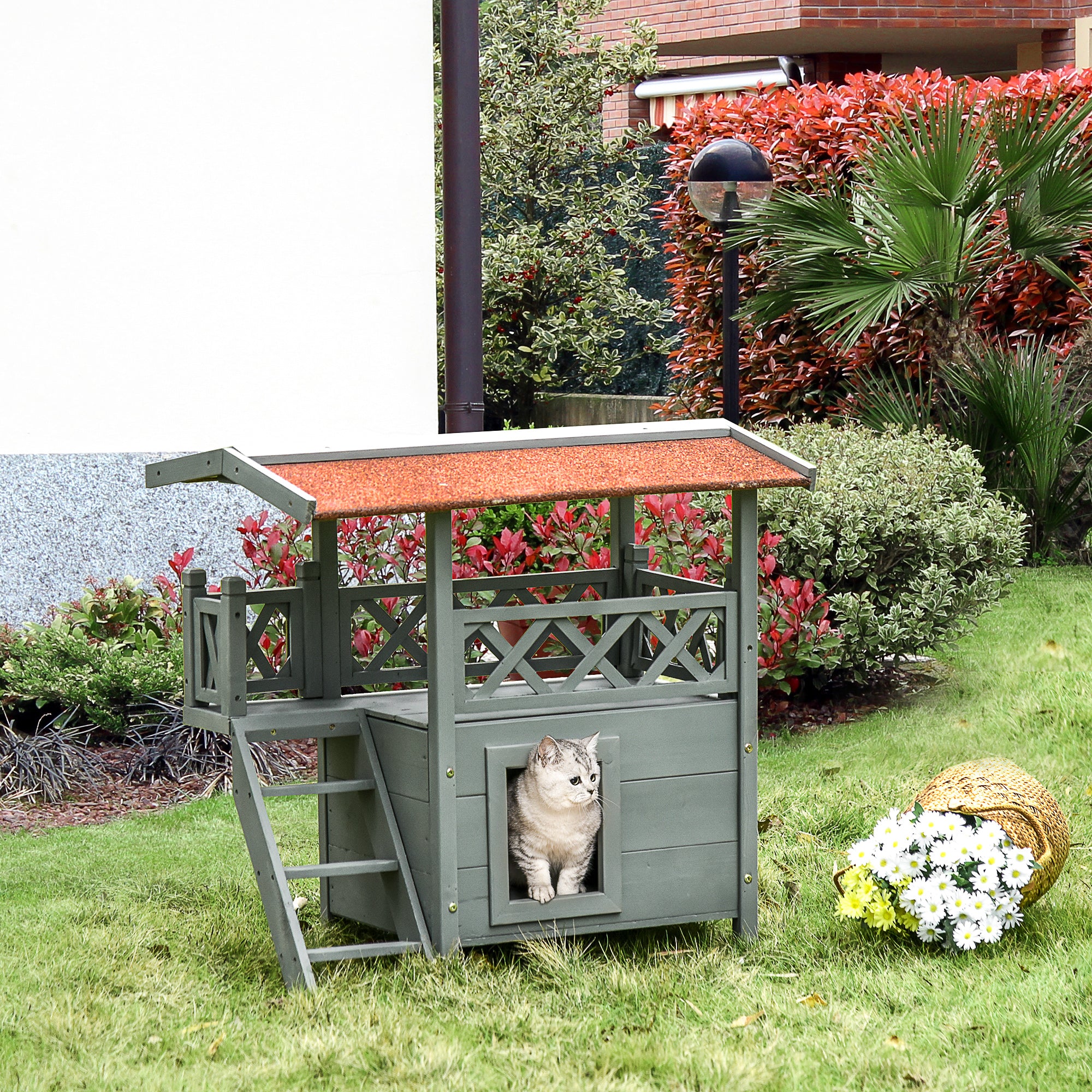 PawHut Wooden Cat House, 2-Floor Feral Cat Shelter, Kitten Condo Outdoor, Small Dog House with Balcony, Stairs, Asphalt Roof, Gray