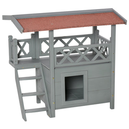 PawHut Wooden Cat House, 2-Floor Feral Cat Shelter, Kitten Condo Outdoor, Small Dog House with Balcony, Stairs, Asphalt Roof, Gray