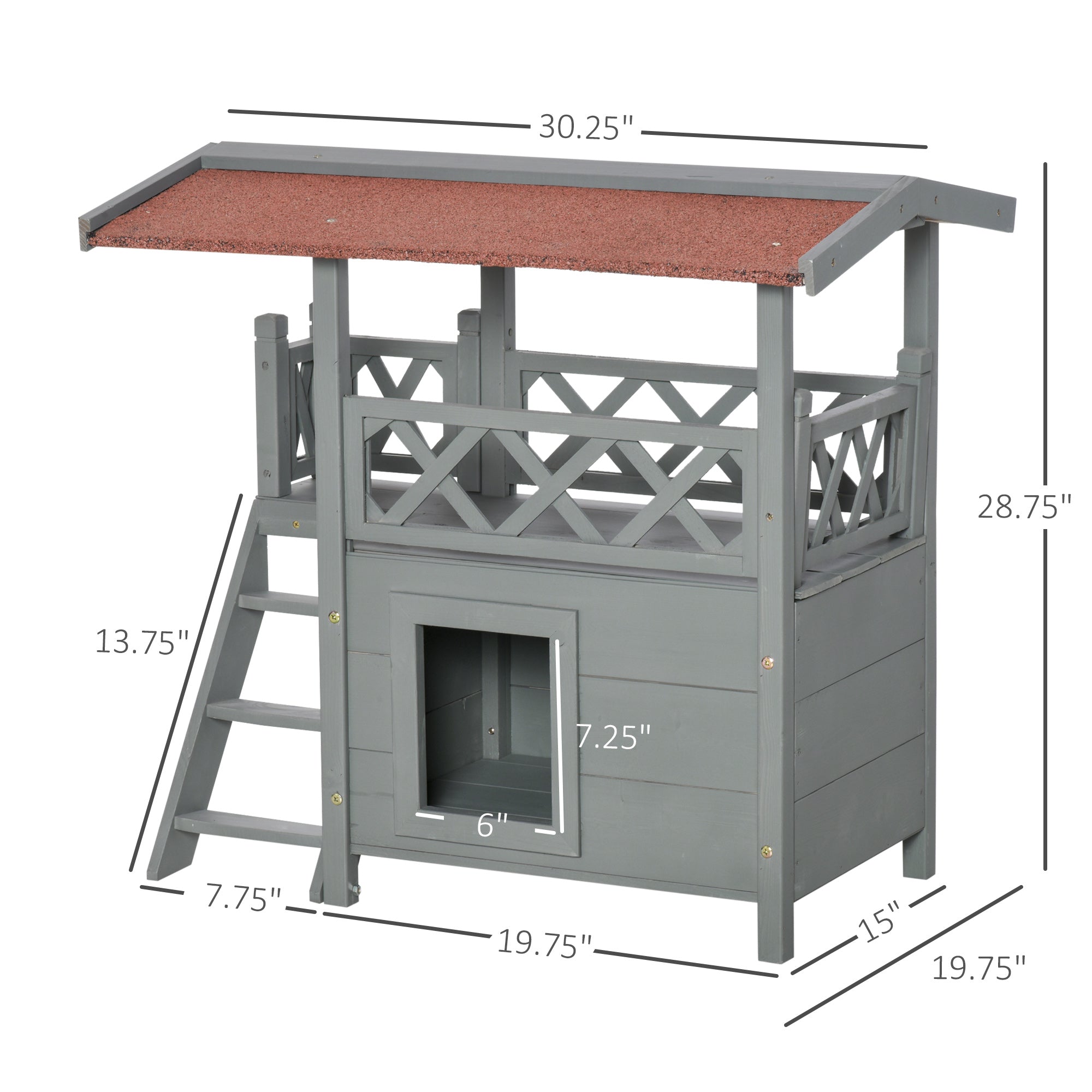 PawHut Wooden Cat House, 2-Floor Feral Cat Shelter, Kitten Condo Outdoor, Small Dog House with Balcony, Stairs, Asphalt Roof, Gray