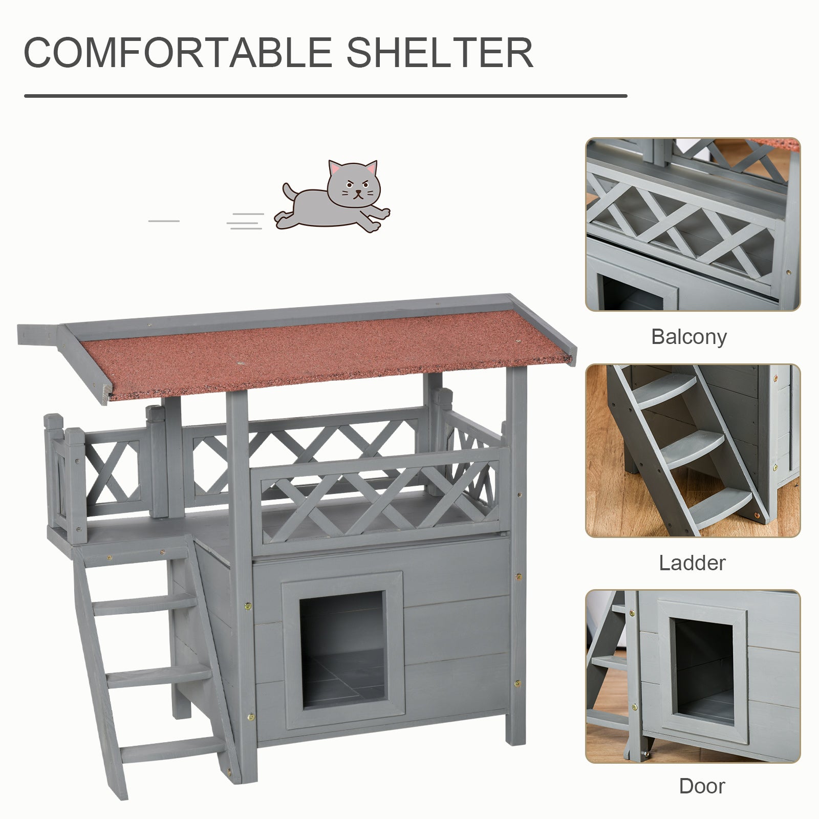 PawHut Wooden Cat House, 2-Floor Feral Cat Shelter, Kitten Condo Outdoor, Small Dog House with Balcony, Stairs, Asphalt Roof, Gray