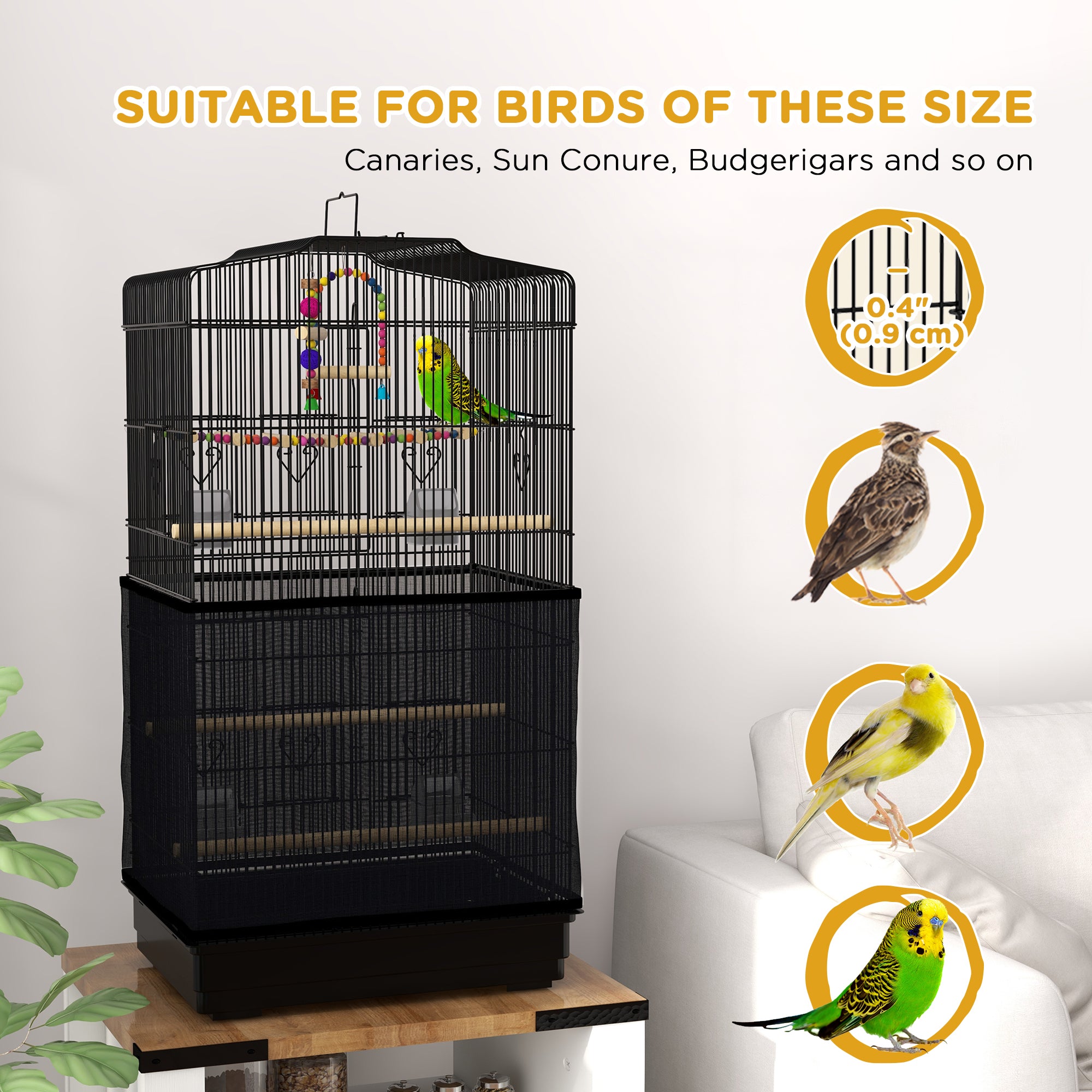 PawHut 36" Bird Cage for Finches, Canaries Budgies, Parrot Cage with Accessories, Handle, Mesh Cover, Tray, Black