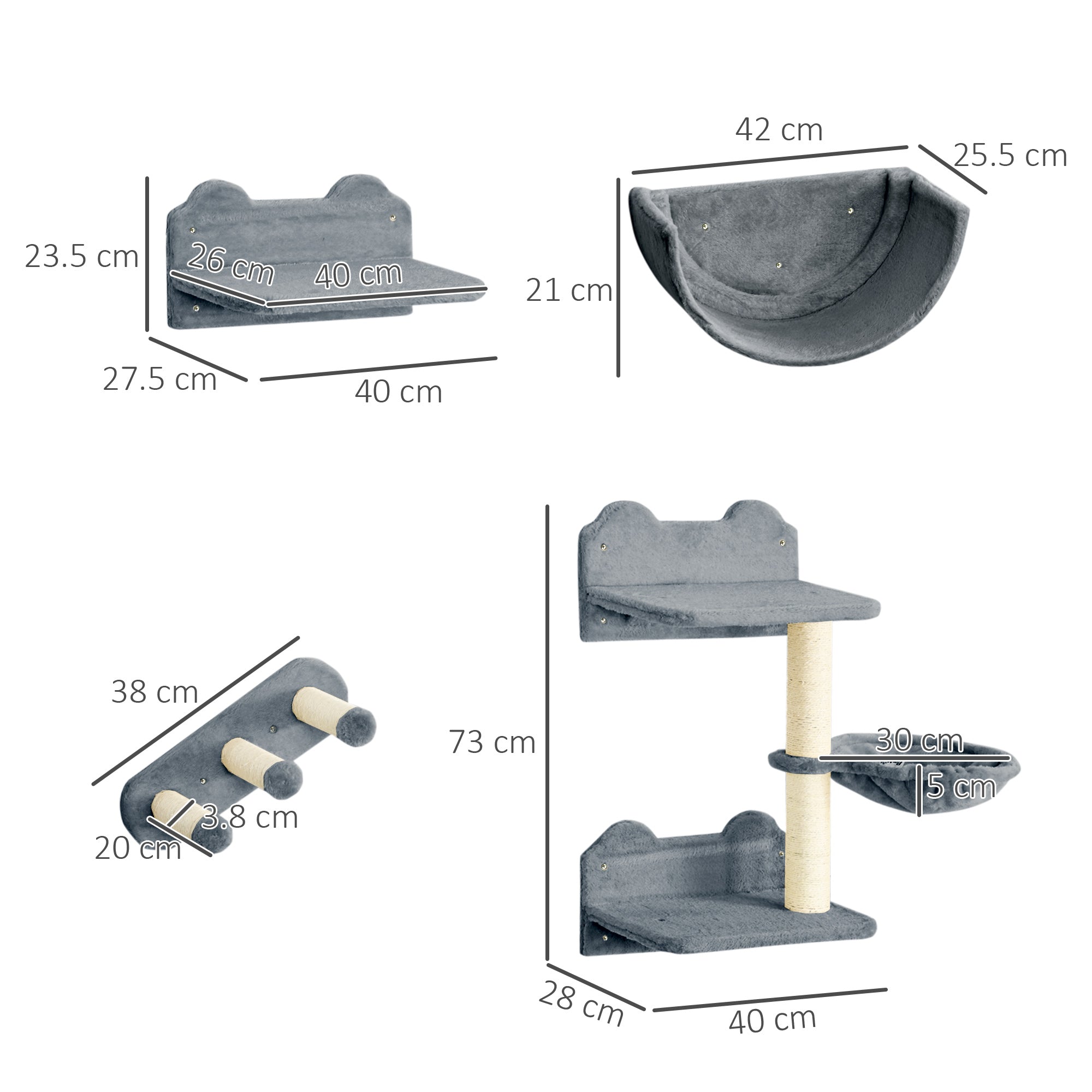 PawHut 4PCs Wall Mounted Cat Tree Cat Wall Shelves Furniture Climbing Shelf Set Kitten Activity Centre w/ Hammock, Scratching Post - Grey