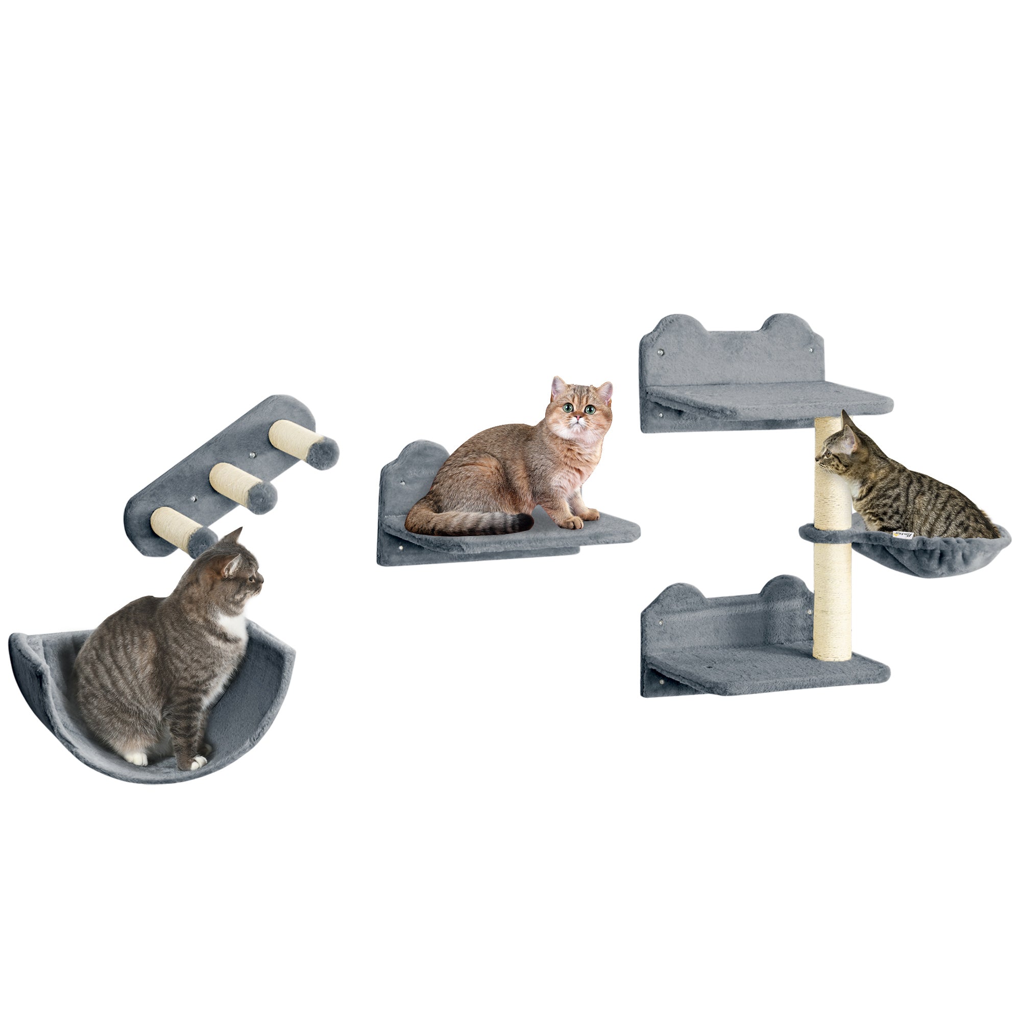 PawHut Cat Wall Shelves, 3PCs Cat Shelves with Hammock, Scratching Post, 3 Steps, Jumping Platforms, Wall Mounted Cat Climber, Grey
