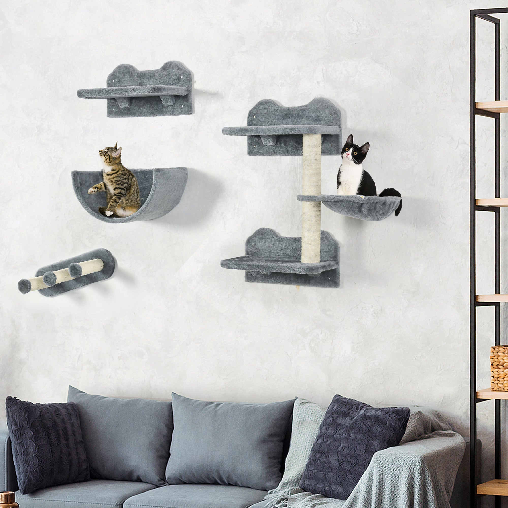 PawHut 4PCs Wall Mounted Cat Tree Cat Wall Shelves Furniture Climbing Shelf Set Kitten Activity Centre w/ Hammock, Scratching Post - Grey