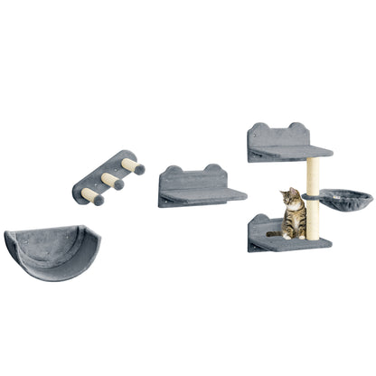 PawHut 4PCs Wall Mounted Cat Tree Cat Wall Shelves Furniture Climbing Shelf Set Kitten Activity Centre w/ Hammock, Scratching Post - Grey