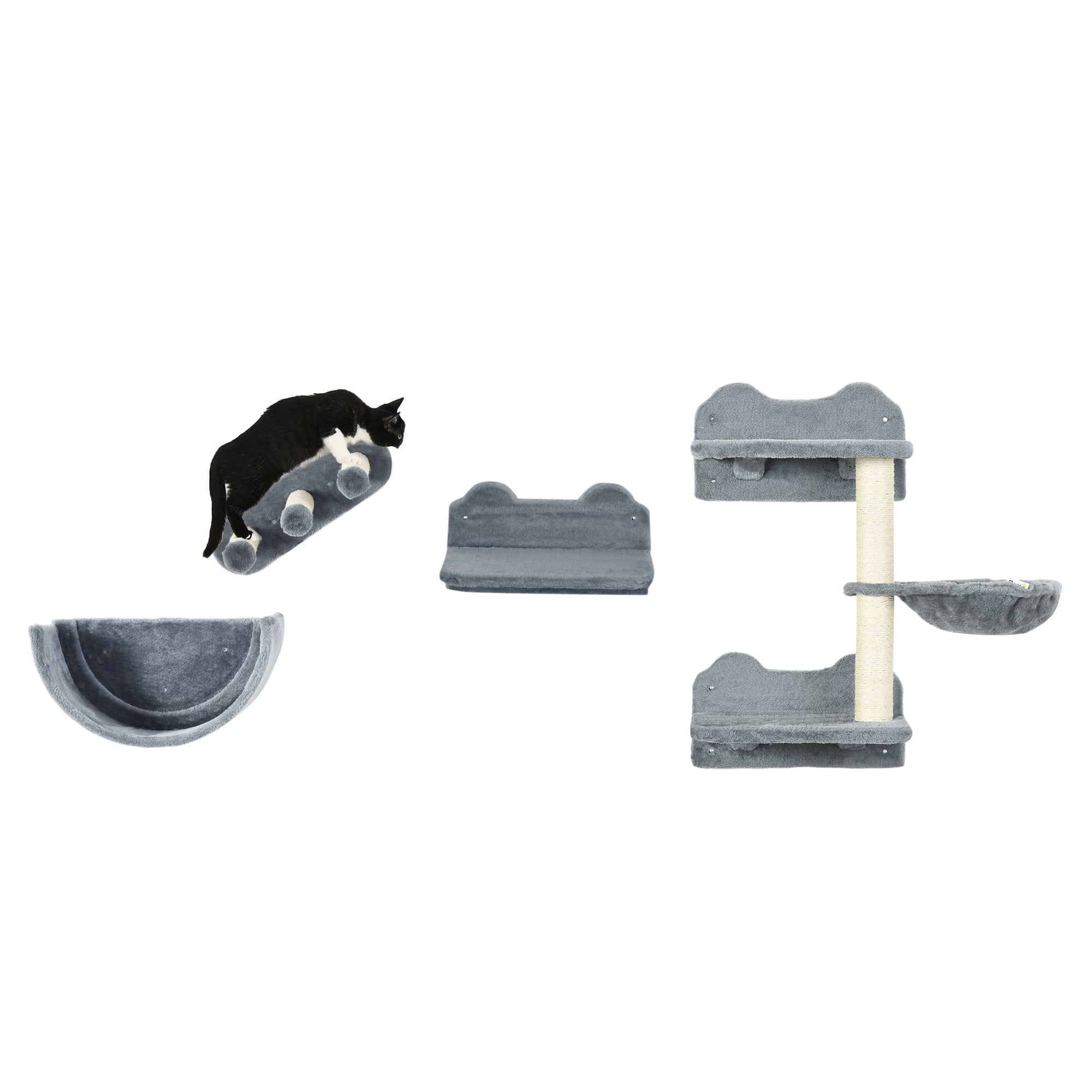 PawHut 4PCs Wall Mounted Cat Tree Cat Wall Shelves Furniture Climbing Shelf Set Kitten Activity Centre w/ Hammock, Scratching Post - Grey