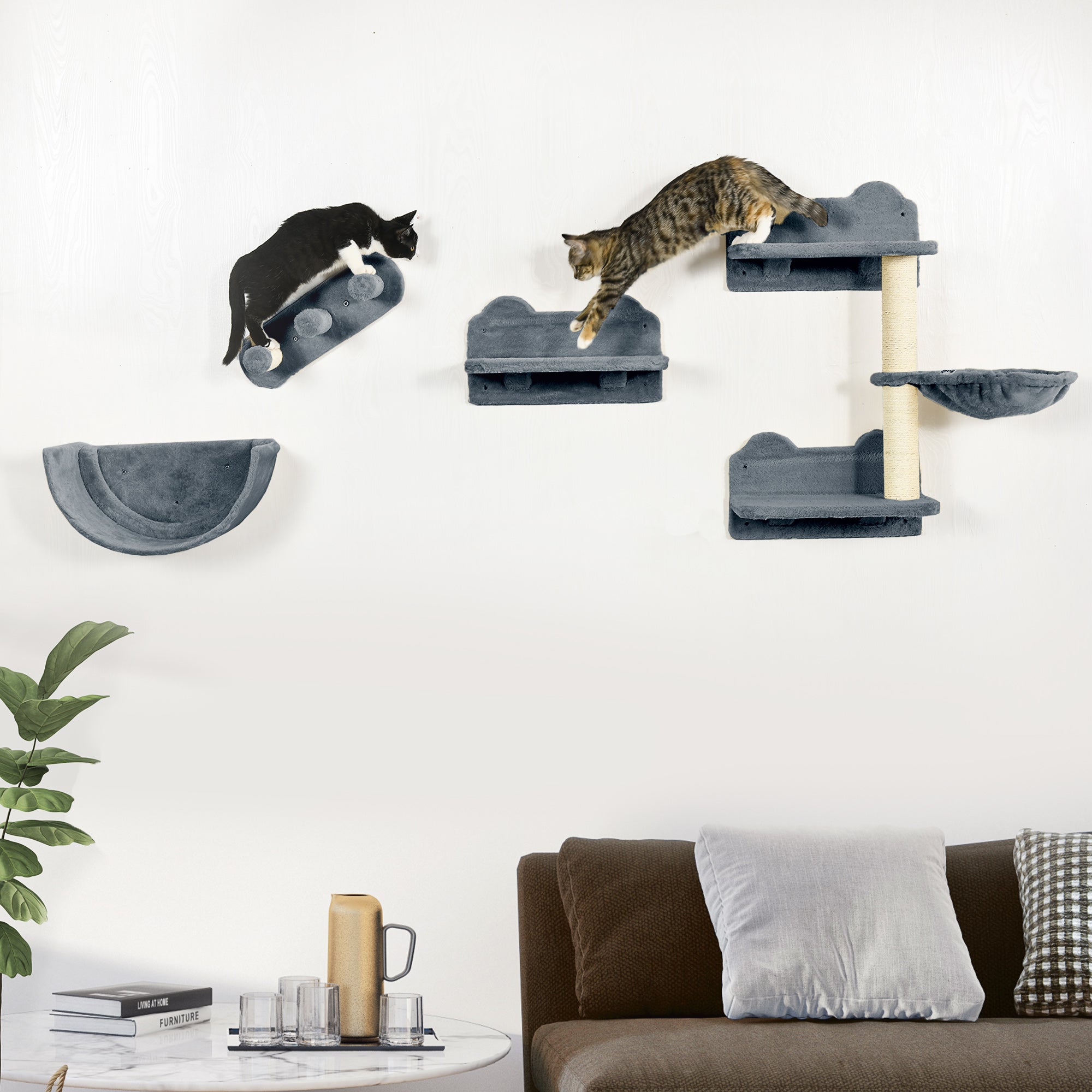 PawHut 4PCs Wall Mounted Cat Tree Cat Wall Shelves Furniture Climbing Shelf Set Kitten Activity Centre w/ Hammock, Scratching Post - Grey
