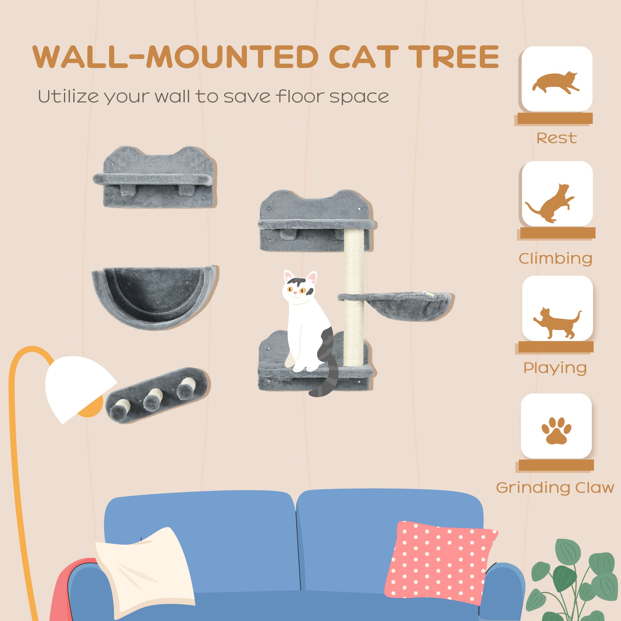 PawHut 4PCs Wall Mounted Cat Tree Cat Wall Shelves Furniture Climbing Shelf Set Kitten Activity Centre w/ Hammock, Scratching Post - Grey