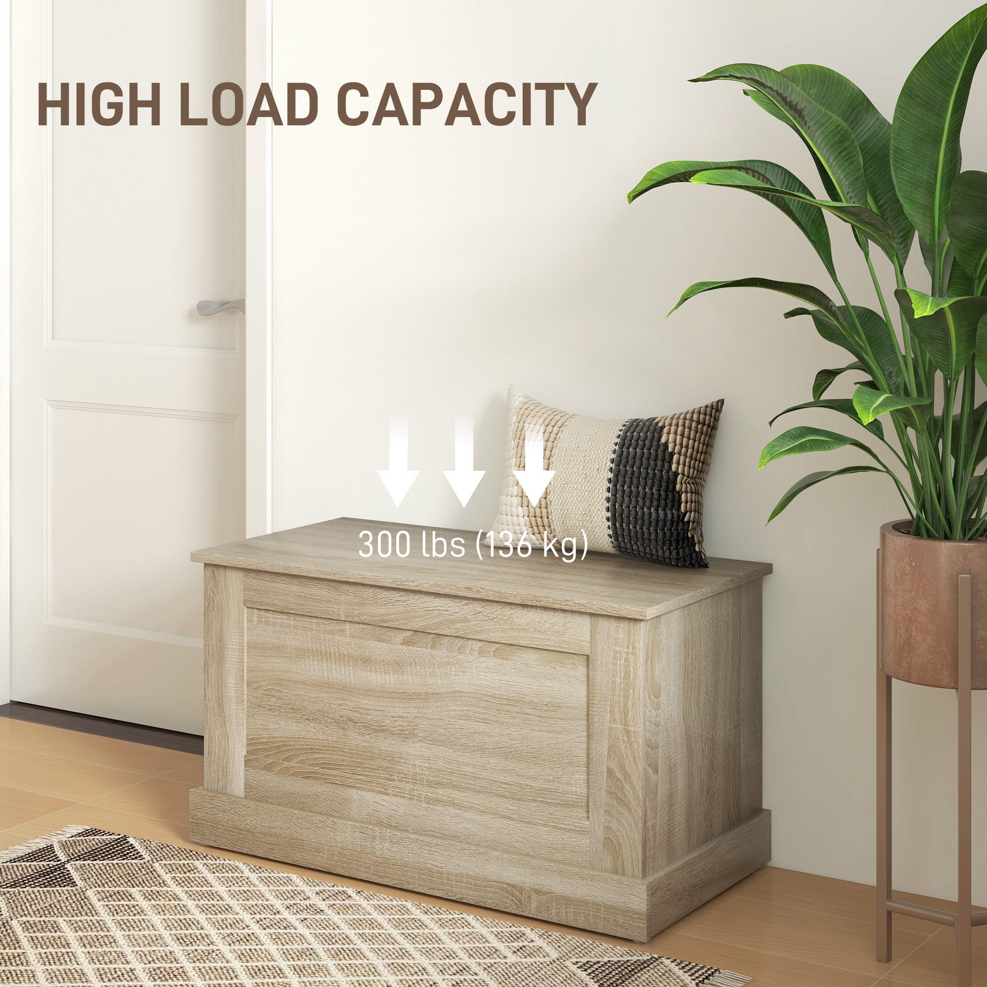 HOMCOM Storage Chest, Storage Trunk with Safety Hinge, Wooden Box for Living Room, Entryway, 31.5" x 15.7" x 17.7", Natural Wood Grain