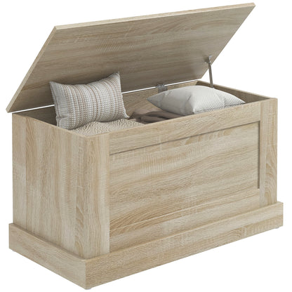 HOMCOM Storage Chest, Storage Trunk with Safety Hinge, Wooden Box for Living Room, Entryway, 31.5" x 15.7" x 17.7", Natural Wood Grain