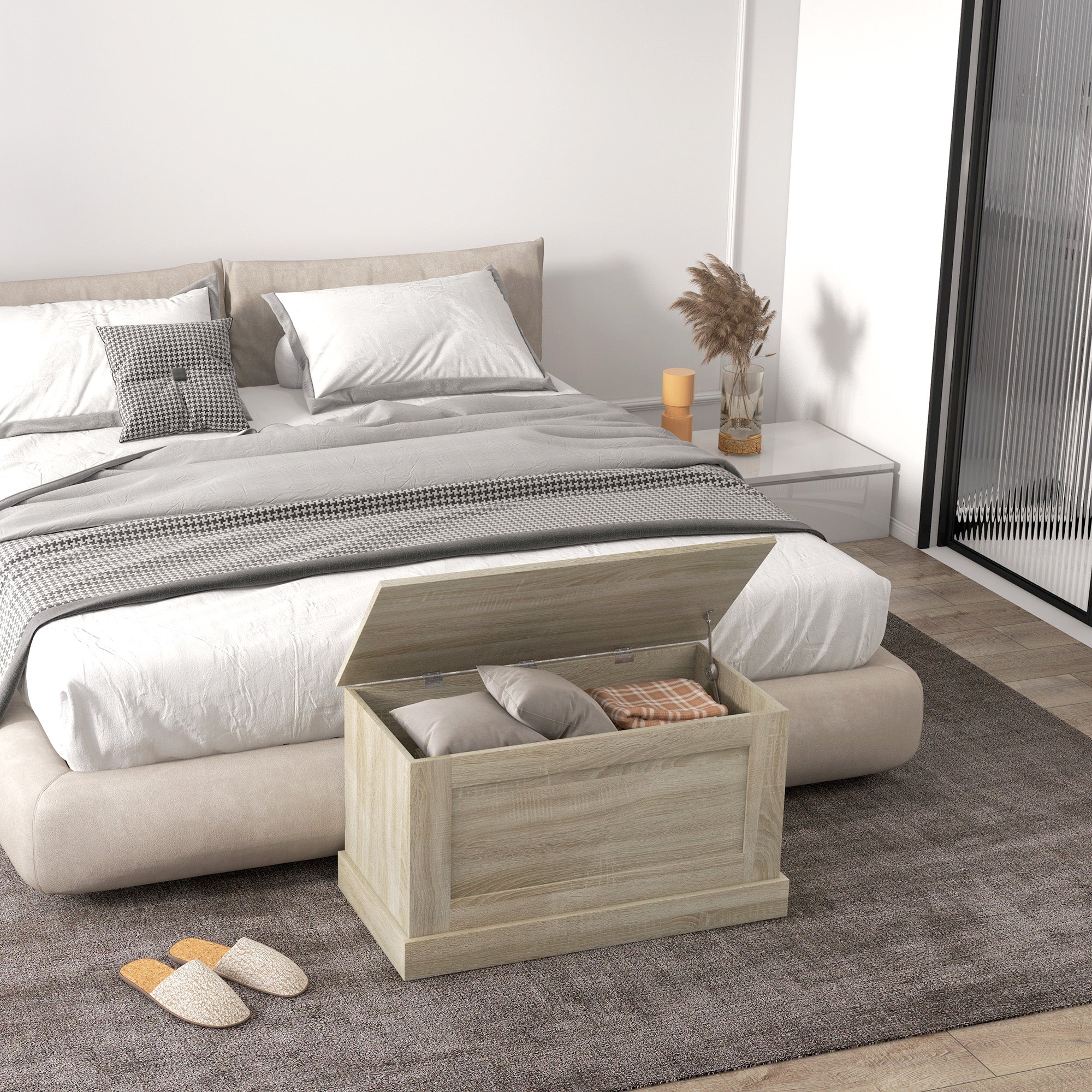 HOMCOM Storage Chest, Storage Trunk with Safety Hinge, Wooden Box for Living Room, Entryway, 31.5" x 15.7" x 17.7", Natural Wood Grain