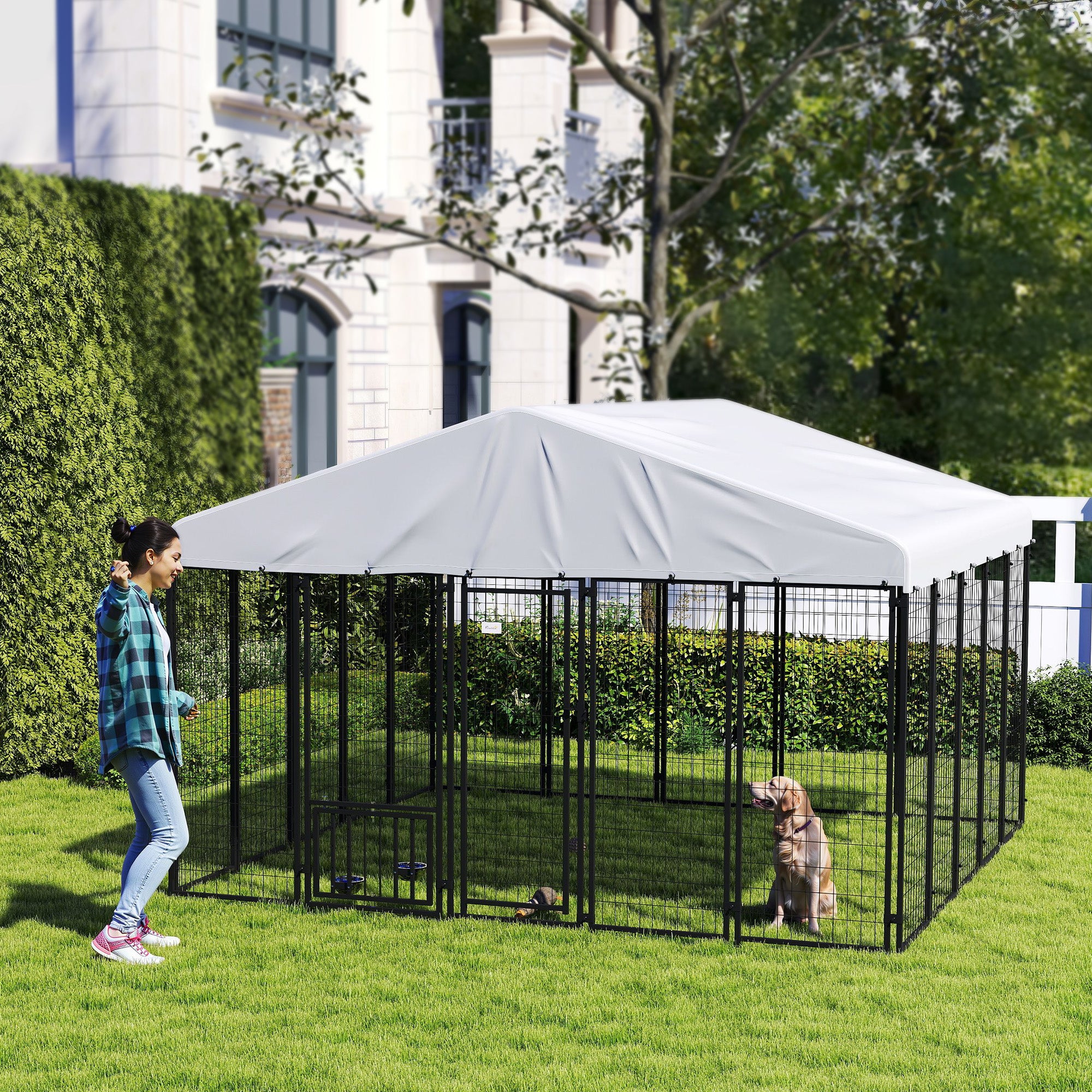 PawHut 9.8' x 9.8' x 6.8' Outdoor Dog Kennel, Welded Wire Heavy Duty Dog Run with 360° Rotating & 4 Level Adjustable Bowls, Dog Kennel Outside with Waterproof & UV Resistant Cover, for S&M&L Dogs