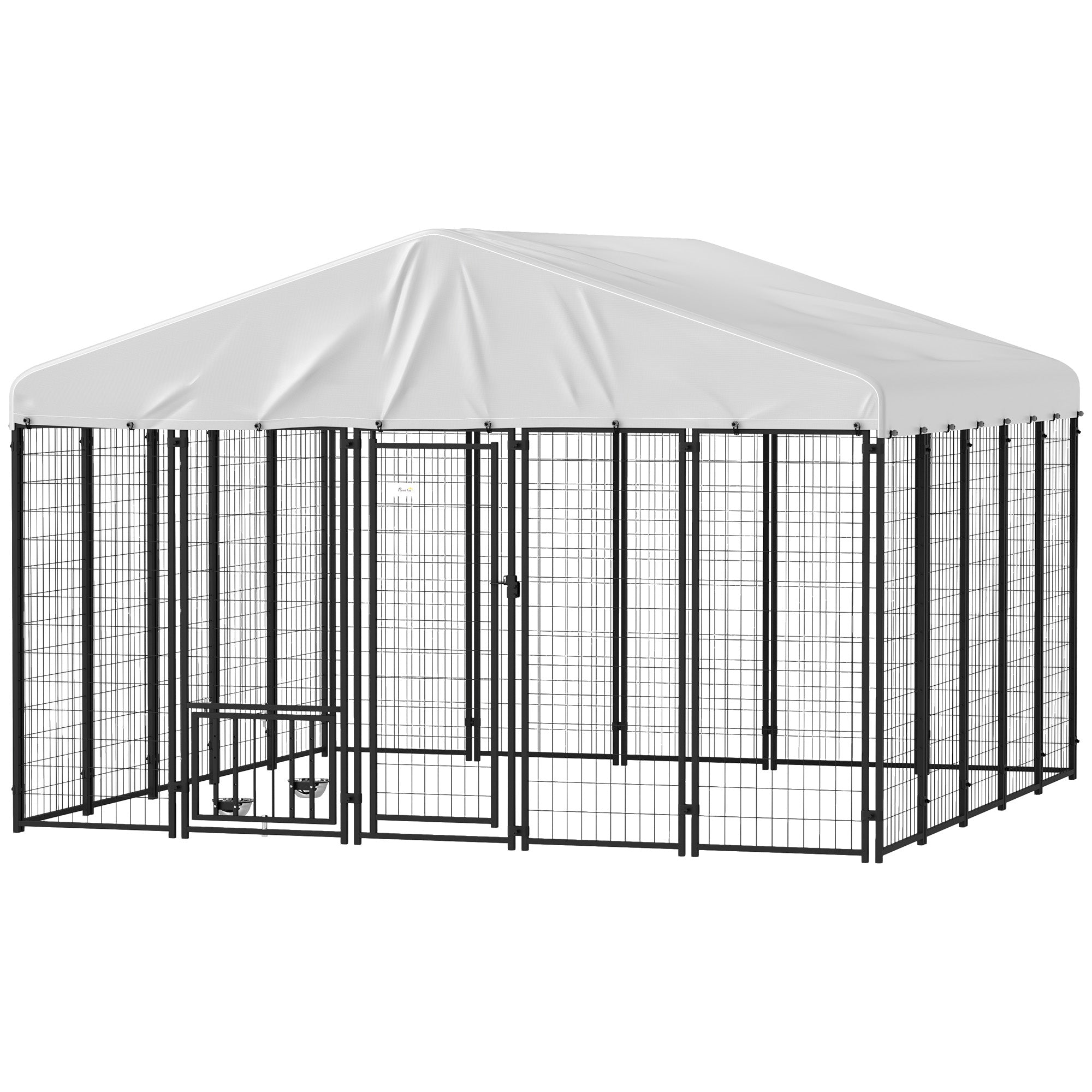 PawHut 9.8' x 9.8' x 6.8' Outdoor Dog Kennel, Welded Wire Heavy Duty Dog Run with 360° Rotating & 4 Level Adjustable Bowls, Dog Kennel Outside with Waterproof & UV Resistant Cover, for S&M&L Dogs
