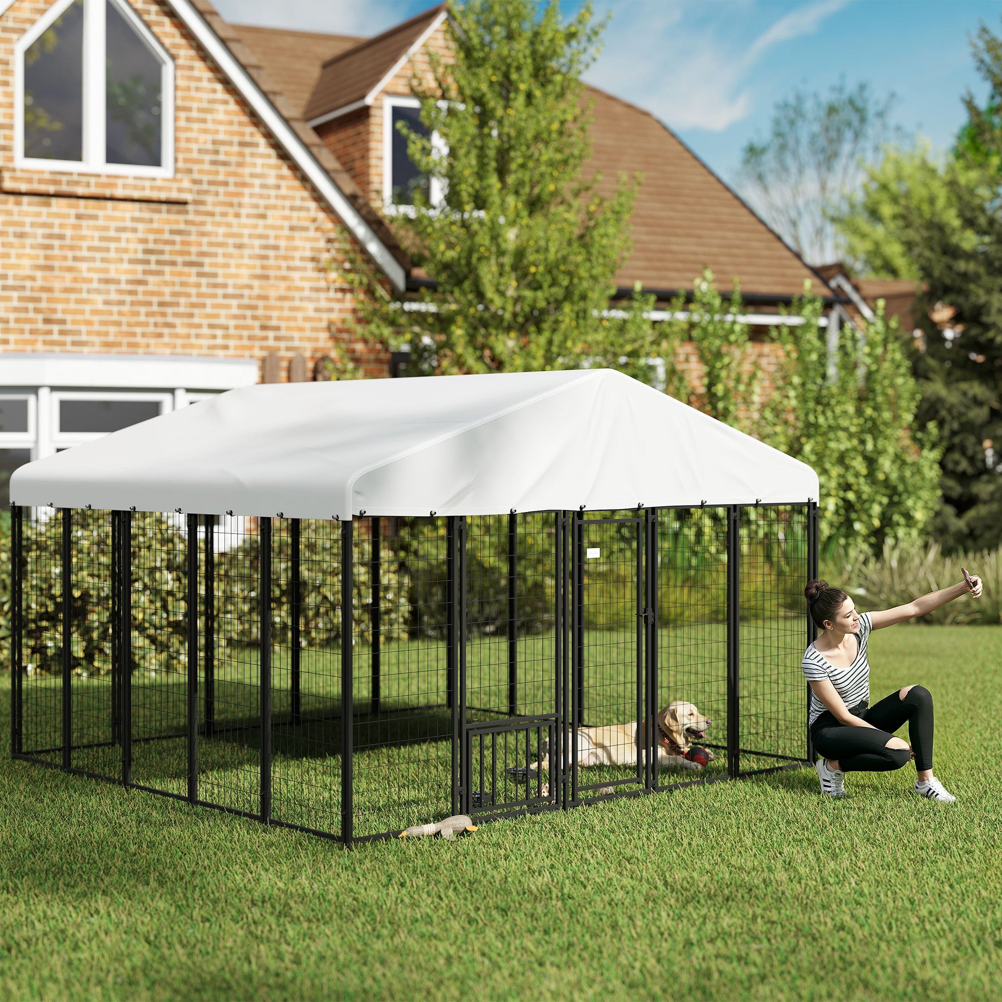 PawHut 9.8' x 9.8' x 6.8' Outdoor Dog Kennel, Welded Wire Heavy Duty Dog Run with 360° Rotating & 4 Level Adjustable Bowls, Dog Kennel Outside with Waterproof & UV Resistant Cover, for S&M&L Dogs